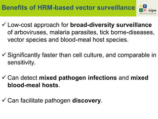 Benefits of HRM-based vector surveillance
 Low-cost approach for broad-diversity surveillance
of arboviruses, malaria parasites, tick borne-diseases,
vector species and blood-meal host species.
 Significantly faster than cell culture, and comparable in
sensitivity.
 Can detect mixed pathogen infections and mixed
blood-meal hosts.
 Can facilitate pathogen discovery.
 