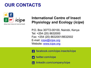 OUR CONTACTS
International Centre of Insect
Physiology and Ecology (icipe)
P.O. Box 30772-00100, Nairobi, Kenya
Tel: +254 (20) 8632000
Fax: +254 (20) 8632001/8632002
E-mail: icipe@icipe.org
Website: www.icipe.org
facebook.com/icipe.insects/icipe
twitter.com/icipe
linkedin.com/company/icipe
 