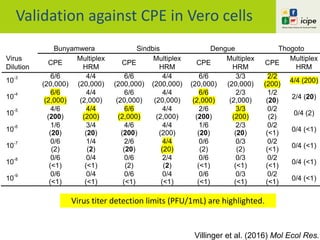 Bunyamwera Sindbis Dengue Thogoto
Virus
Dilution
CPE
Multiplex
HRM
CPE
Multiplex
HRM
CPE
Multiplex
HRM
CPE
Multiplex
HRM
10
-3 6/6
(20,000)
4/4
(20,000)
6/6
(200,000)
4/4
(200,000)
6/6
(20,000)
3/3
(20,000)
2/2
(200) 4/4 (200)
10-4 6/6
(2,000)
4/4
(2,000)
6/6
(20,000)
4/4
(20,000)
6/6
(2,000)
2/3
(2,000)
1/2
(20)
2/4 (20)
10
-5 4/6
(200)
4/4
(200)
6/6
(2,000)
4/4
(2,000)
2/6
(200)
3/3
(200)
0/2
(2)
0/4 (2)
10
-6 1/6
(20)
3/4
(20)
4/6
(200)
4/4
(200)
1/6
(20)
2/3
(20)
0/2
(<1) 0/4 (<1)
10-7 0/6
(2)
1/4
(2)
2/6
(20)
4/4
(20)
0/6
(2)
0/3
(2)
0/2
(<1)
0/4 (<1)
10
-8 0/6
(<1)
0/4
(<1)
0/6
(2)
2/4
(2)
0/6
(<1)
0/3
(<1)
0/2
(<1)
0/4 (<1)
10
-9 0/6
(<1)
0/4
(<1)
0/6
(<1)
0/4
(<1)
0/6
(<1)
0/3
(<1)
0/2
(<1) 0/4 (<1)
Validation against CPE in Vero cells
Villinger et al. (2016) Mol Ecol Res.
Virus titer detection limits (PFU/1mL) are highlighted.
 