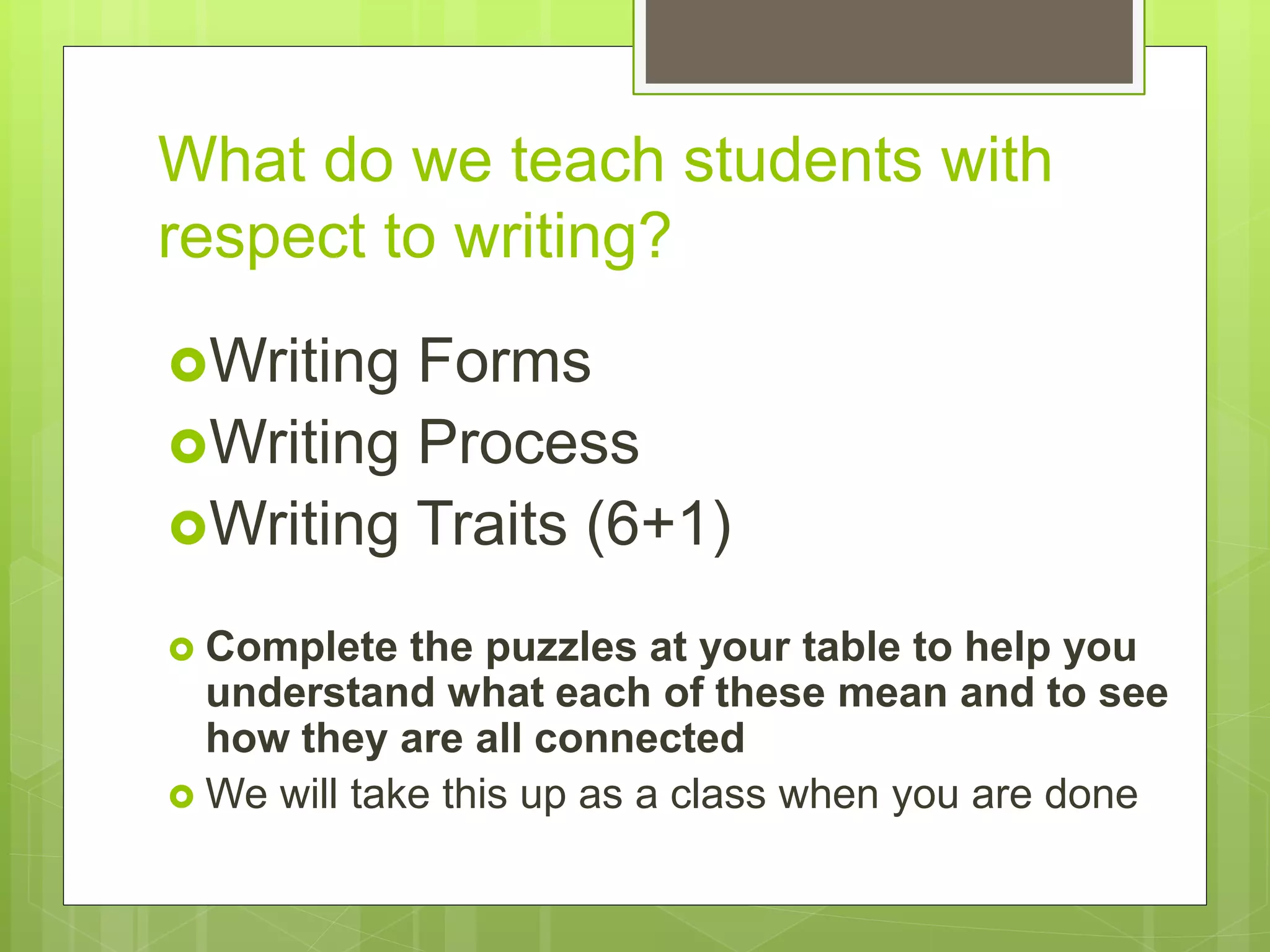 What do we teach students with
respect to writing?
Writing Forms
Writing Process
Writing Traits (6+1)
 Complete the puzzles at your table to help you
understand what each of these mean and to see
how they are all connected
 We will take this up as a class when you are done
 
