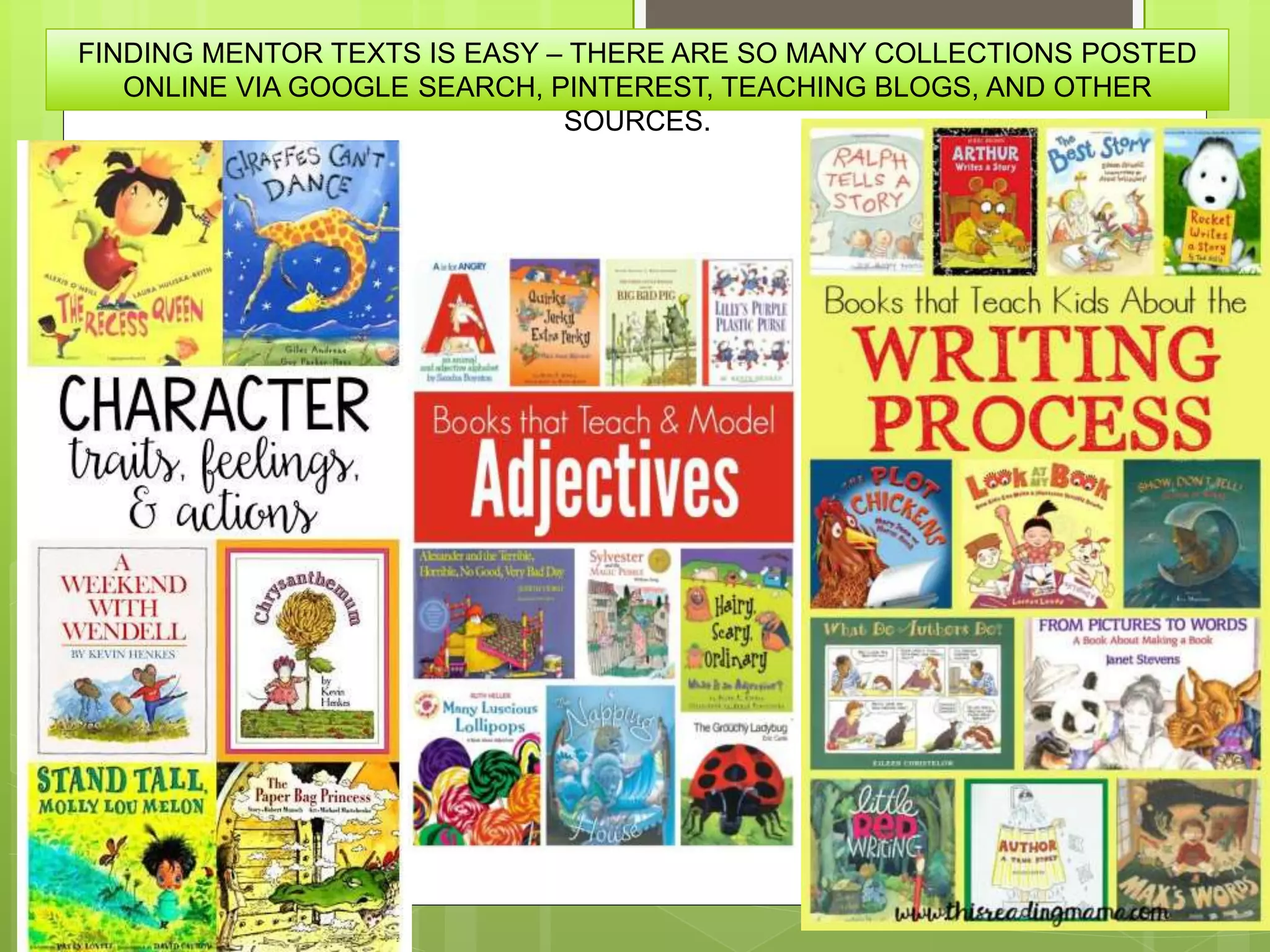 FINDING MENTOR TEXTS IS EASY – THERE ARE SO MANY COLLECTIONS POSTED
ONLINE VIA GOOGLE SEARCH, PINTEREST, TEACHING BLOGS, AND OTHER
SOURCES.
 