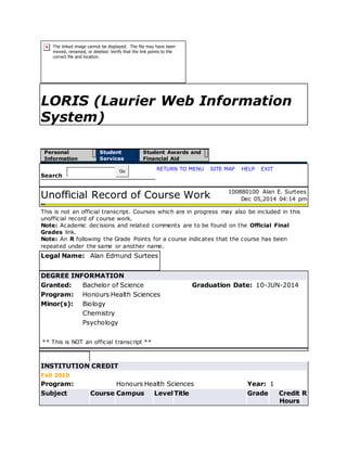 LORIS (Laurier Web Information
System)
Personal
Information
Student
Services
Student Awards and
Financial Aid
Search
Go RETURN TO MENU | SITE MAP | HELP | EXIT
Unofficial Record of Course Work 100880100 Alan E. Surtees
Dec 05,2014 04:14 pm
This is not an official transcript. Courses which are in progress may also be included in this
unofficial record of course work.
Note: Academic decisions and related comments are to be found on the Official Final
Grades link.
Note: An R following the Grade Points for a course indicates that the course has been
repeated under the same or another name.
Legal Name: Alan Edmund Surtees
DEGREE INFORMATION
Granted: Bachelor of Science Graduation Date: 10-JUN-2014
Program: Honours Health Sciences
Minor(s): Biology
Chemistry
Psychology
** This is NOT an official transcript **
INSTITUTION CREDIT
Fall 2010
Program: Honours Health Sciences Year: 1
Subject Course Campus LevelTitle Grade Credit
Hours
R
 