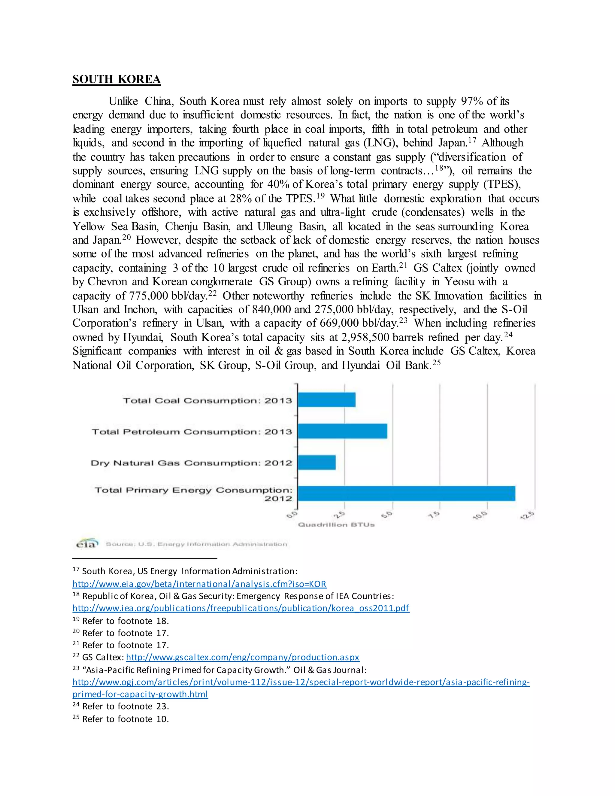 SOUTH KOREA
Unlike China, South Korea must rely almost solely on imports to supply 97% of its
energy demand due to insufficient domestic resources. In fact, the nation is one of the world’s
leading energy importers, taking fourth place in coal imports, fifth in total petroleum and other
liquids, and second in the importing of liquefied natural gas (LNG), behind Japan.17 Although
the country has taken precautions in order to ensure a constant gas supply (“diversification of
supply sources, ensuring LNG supply on the basis of long-term contracts…18”), oil remains the
dominant energy source, accounting for 40% of Korea’s total primary energy supply (TPES),
while coal takes second place at 28% of the TPES.19 What little domestic exploration that occurs
is exclusively offshore, with active natural gas and ultra-light crude (condensates) wells in the
Yellow Sea Basin, Chenju Basin, and Ulleung Basin, all located in the seas surrounding Korea
and Japan.20 However, despite the setback of lack of domestic energy reserves, the nation houses
some of the most advanced refineries on the planet, and has the world’s sixth largest refining
capacity, containing 3 of the 10 largest crude oil refineries on Earth.21 GS Caltex (jointly owned
by Chevron and Korean conglomerate GS Group) owns a refining facility in Yeosu with a
capacity of 775,000 bbl/day.22 Other noteworthy refineries include the SK Innovation facilities in
Ulsan and Inchon, with capacities of 840,000 and 275,000 bbl/day, respectively, and the S-Oil
Corporation’s refinery in Ulsan, with a capacity of 669,000 bbl/day.23 When including refineries
owned by Hyundai, South Korea’s total capacity sits at 2,958,500 barrels refined per day.24
Significant companies with interest in oil & gas based in South Korea include GS Caltex, Korea
National Oil Corporation, SK Group, S-Oil Group, and Hyundai Oil Bank.25
17 South Korea, US Energy Information Administration:
http://www.eia.gov/beta/international/analysis.cfm?iso=KOR
18 Republic of Korea, Oil & Gas Security: Emergency Response of IEA Countries:
http://www.iea.org/publications/freepublications/publication/korea_oss2011.pdf
19 Refer to footnote 18.
20 Refer to footnote 17.
21 Refer to footnote 17.
22 GS Caltex: http://www.gscaltex.com/eng/company/production.aspx
23 “Asia-Pacific RefiningPrimed for Capacity Growth.” Oil & Gas Journal:
http://www.ogj.com/articles/print/volume-112/issue-12/special-report-worldwide-report/asia-pacific-refining-
primed-for-capacity-growth.html
24 Refer to footnote 23.
25 Refer to footnote 10.
 