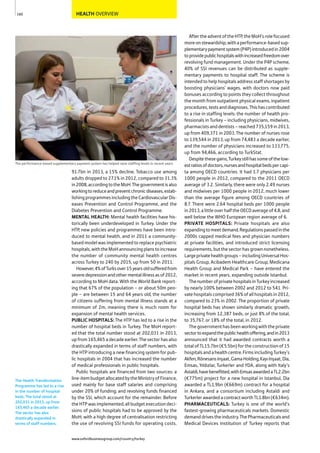 HEALTH OVERVIEW
91.7bn in 2013, a 15% decline. Tobacco use among
adults dropped to 27.1% in 2012, compared to 31.3%
in2008,accordingtotheMoH.Thegovernmentisalso
workingtoreduceandpreventchronicdiseases,estab-
lishingprogrammesincludingtheCardiovascularDis-
eases Prevention and Control Programme, and the
Diabetes Prevention and Control Programme.
MENTAL HEALTH: Mental health facilities have his-
torically been underdeveloped in Turkey. Under the
HTP, new policies and programmes have been intro-
duced to mental health, and in 2011 a community-
based model was implemented to replace psychiatric
hospitals,withtheMoHannouncingplanstoincrease
the number of community mental health centres
across Turkey to 240 by 2015, up from 50 in 2011.
However,4%ofTurksover15yearsoldsufferedfrom
severedepressionandothermentalillnessasof2012,
according to MoH data. With the World Bank report-
ing that 67% of the population – or about 50m peo-
ple – are between 15 and 64 years old, the number
of citizens suffering from mental illness stands at a
minimum of 2m, meaning there is much room for
expansion of mental health services.
PUBLIC HOSPITALS: The HTP has led to a rise in the
number of hospital beds in Turkey. The MoH report-
ed that the total number stood at 202,031 in 2013,
upfrom165,465adecadeearlier.Thesectorhasalso
drastically expanded in terms of staff numbers, with
the HTP introducing a new financing system for pub-
lic hospitals in 2004 that has increased the number
of medical professionals in public hospitals.
Public hospitals are financed from two sources: a
line-itembudgetallocatedbytheMinistryofFinance,
used mainly for base staff salaries and comprising
under 20% of funding; and revolving funds financed
by the SSI, which account for the remainder. Before
the HTP was implemented, all budget execution deci-
sions of public hospitals had to be approved by the
MoH, with a high degree of centralisation restricting
the use of revolving SSI funds for operating costs.
AftertheadventoftheHTP,theMoH’srolefocused
moreonstewardship,withaperformance-basedsup-
plementarypaymentsystem(P4P)introducedin2004
toprovidepublichospitalswithincreasedfreedomover
revolving fund management. Under the P4P scheme,
40% of SSI revenues can be distributed as supple-
mentary payments to hospital staff. The scheme is
intended to help hospitals address staff shortages by
boosting physicians’ wages, with doctors now paid
bonuses according to points they collect throughout
the month from outpatient physical exams, inpatient
procedures,testsanddiagnoses.Thishascontributed
to a rise in staffing levels: the number of health pro-
fessionals in Turkey – including physicians, midwives,
pharmacistsanddentists–reached735,159in2013,
up from 409,371 in 2003. The number of nurses rose
to 139,544 in 2013, up from 74,483 a decade earlier,
and the number of physicians increased to 133,775,
up from 94,466, according to TurkStat.
Despitethesegains,Turkeystillhassomeofthelow-
estratiosofdoctors,nursesandhospitalbedspercapi-
ta among OECD countries. It had 1.7 physicians per
1000 people in 2012, compared to the 2011 OECD
average of 3.2. Similarly, there were only 2.49 nurses
and midwives per 1000 people in 2012, much lower
than the average figure among OECD countries of
8.7. There were 2.64 hospital beds per 1000 people
in2013,alittleoverhalftheOECDaverageof4.8,and
well below the WHO European region average of 6.
PRIVATE HOSPITALS: Private hospitals are also
expandingtomeetdemand.Regulationspassedinthe
2000s capped medical fees and physician numbers
at private facilities, and introduced strict licensing
requirements, but the sector has grown nonetheless.
Largeprivatehealthgroups–includingUniversalHos-
pitals Group, Acibadem Healthcare Group, Medicana
Health Group and Medical Park – have entered the
market in recent years, expanding outside Istanbul.
ThenumberofprivatehospitalsinTurkeyincreased
by nearly 100% between 2002 and 2012 to 541. Pri-
vatehospitalscomprised36%ofallhospitalsin2012,
compared to 23% in 2002. The proportion of private
hospital beds has shown similarly dramatic growth,
increasing from 12,387 beds, or just 8% of the total,
to 35,767, or 18% of the total, in 2012.
Thegovernmenthasbeenworkingwiththeprivate
sectortoexpandthepublichealthoffering,andin2013
announced that it had awarded contracts worth a
total of TL15.7bn (€5.5bn) for the construction of 15
hospitalsandahealthcentre.FirmsincludingTurkey’s
Akfen,RönesansInşaat,GamaHolding,KayıInşaat,Dia,
Emsas, Yıldızlar, Turkerler and YDA, along with Italy’s
Astaldi,havebenefitted,withEmsasawardedaTL2.2bn
(€775m) project for a new hospital in Istanbul, Dia
awarded a TL1.9bn (€669m) contract for a hospital
in Ankara, and a consortium including Astaldi and
TurkerlerawardedacontractworthTL1.8bn(€634m).
PHARMACEUTICALS: Turkey is one of the world’s
fastest-growing pharmaceuticals markets. Domestic
demanddrivestheindustry.ThePharmaceuticalsand
Medical Devices Institution of Turkey reports that
160
The performance-based supplementary payment system has helped raise staffing levels in recent years
The Health Transformation
Programme has led to a rise
in the number of hospital
beds. The total stood at
202,031 in 2013, up from
165,465 a decade earlier.
The sector has also
drastically expanded in
terms of staff numbers.
www.oxfordbusinessgroup.com/country/turkey
 