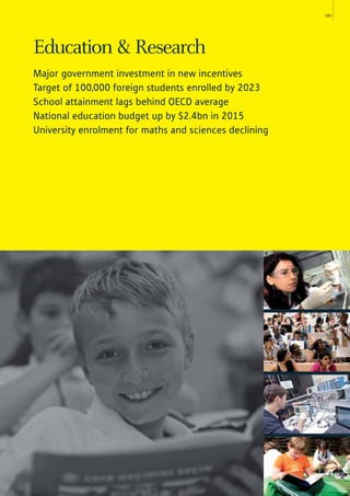 163
Education & Research
Major government investment in new incentives
Target of 100,000 foreign students enrolled by 2023
School attainment lags behind OECD average
National education budget up by $2.4bn in 2015
University enrolment for maths and sciences declining
 