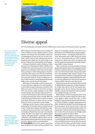 TOURISM OVERVIEW
Turkey’s 7200 km of coastline includes 352 Blue Flag beaches
WithaselectionofarchaeologicalruinstorivalItalyand
Greece, 7200 km of scenic coastline, Istanbul’s unique
blend of rich heritage and cosmopolitan culture and
an advantageous location at the crux of three conti-
nents, Turkey’s diverse visitor offerings have seen its
popularity grow rapidly over the past decade in the
process of becoming a world-leading tourist hotspot.
In the past 10 years the number of visitors to Turkey
hasgrown115.7%,goingfrom17.08min2004to2014
in 36.84m. The country ranks as the world’s sixth most
populartouristdestination,afterFrance,theUS,Spain,
China and Italy: it is within striking distance of achiev-
ingitsVision2023goaltorisetofifthplaceworldwide.
IntermsofsourcemarketsGermanyremainsthenum-
ber one tourist market for Turkey, recording 5.2m vis-
itorsin2014.GermanyiscloselyfollowedbyRussia,with
4.48m visitors, and the UK with 2.6m visitors.
While visitor arrival numbers continue to grow year-
on-year, 2014 saw a slight dip in the rate of growth. A
record 36.84m foreign arrivals were recorded in 2014.
While an increase of 5.52% on the 34.91m arrivals in
2013, this marked a slight slowdown on the 9.84%
increase between 2012 and 2013. Even still, the coun-
tryissettomeetmanyofitsVision2023tourismgoals,
including welcoming 50m visitors annually. With new
hotelandtransportinfrastructure,aswellasincreased
government promotion of various tourism sub-seg-
ments, the sector is expected to remain healthy.
Challenges persist, however. Visitor spending has
remainedflatinrecentyears,stillrecoveringfromadip
in 2012. Furthermore, Istanbul’s diminished occupan-
cy rates during low season have some hoteliers con-
cernedaboutafloodofnewroomsover-saturatingthe
market. But with a new airport set to greatly expand
capacity, anticipated growth in meetings, incentives,
conferences and exhibitions (MICE) tourism, and rap-
idlyexpandingmedical,halalandcruiseshipsegments,
the sector appears to have a promising future.
BY THE NUMBERS: The tourism industry’s governing
body, the Ministry of Culture and Tourism (MoCT), has
played an increasingly proactive role in the sector’s
development since President Recep Tayyip Erdoğan –
then prime minister – launched the Vision 2023 eco-
nomic development plan in 2007. Among the targets
set out for achievement before its 2023 centenary,
Turkey aims to attract 50m visitors annually, become
thefifth-largesttouristdestinationworldwideandgen-
erate $50bn in annual revenue.
Visitor arrivals have more than doubled in the past
decade,withexpansiondrivenbyincreasedgovernment
initiativestogrowtheindustry,arushofforeigninvest-
ment and international brands entering the market
and a well-developed flight network located at the
crossroadsofthreecontinents.Acomprehensiverange
ofmarketsub-segmentsisrepresentedwithinthecoun-
try: from the traditional sun, sand and sea segment to
medical to MICE, halal and cruise ship tourism.
Turkey’s tourism sector has much to offer, including
11UNESCOWorldHeritagesites,352BlueFlagbeach-
es, 19 Blue Flag marinas and 20 international-stan-
dard golf courses. Tourism revenues have been rising
steadilyasaresultofincreasedinternationalattention
and a sizeable domestic tourist base.
While Istanbul is still the most popular port of entry
to the country, the southern region has seen an enor-
mous uptake in visitor arrivals since 2011. In 2013
Erdoğan announced that the government had invest-
ed TL13bn (€4.58bn) in Antalya’s development since
2002,anddatafromtheMoCTfoundthatAntalyawas
the most popular city for tourist arrivals in 2012 and
2013, and a close second behind Istanbul in 2014. The
cityreported11.50marrivalsin2014,justbehindIstan-
bul’s 11.82m. The south-western city of Muğla ranked
third, with 3m visitors recorded in 2014.
PROGRESS: Given its progress in attracting tourists,
Turkey’sgoalofattaining50mtouristsannuallyby2023
iscertainlyfeasible:infact,theWorldTourismandTrav-
el Council (WTTC) projects that by 2023, the country
will attract 50.77m visitors annually. Turkey’s Tourism
Investor’s Association (TYD) gave an even brighter
The number of visitors to
Turkey has more than
doubled in the past 10
years, with 2014 witnessing
a record 36.84m foreign
arrivals. As part of its Vision
2023 development plan,
the government aims to
attract 50m visitors
annually by 2023.
While Istanbul was the
country’s most popular
entry point in 2014,
welcoming 11.82m visitors,
the city of Antalya was a
close second with 11.50m
visitors.
176
Diverse appeal
An increasingly versatile tourist offering is ensuring continued sector growth
www.oxfordbusinessgroup.com/country/turkey
 