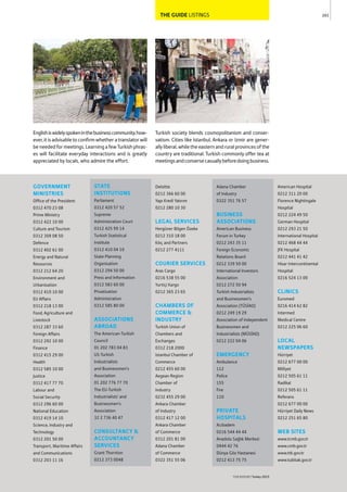 THE GUIDE LISTINGS 203
THEREPORT Turkey 2015
Englishiswidelyspokeninthebusinesscommunity;how-
ever,itisadvisabletoconfirmwhetheratranslatorwill
beneededformeetings.LearningafewTurkishphras-
es will facilitate everyday interactions and is greatly
appreciated by locals, who admire the effort.
Turkish society blends cosmopolitanism and conser-
vatism. Cities like Istanbul, Ankara or Izmir are gener-
allyliberal,whiletheeasternandruralprovincesofthe
country are traditional. Turkish commonly offer tea at
meetingsandconversecasuallybeforedoingbusiness.
GOVERNMENT
MINISTRIES
Office of the President
0312 470 23 08
Prime Ministry
0312 422 10 00
Culture and Tourism
0312 309 08 50
Defence
0312 402 61 00
Energy and Natural
Resources
0312 212 64 20
Environment and
Urbanisation
0312 410 10 00
EU Affairs
0312 218 13 00
Food, Agriculture and
Livestock
0312 287 33 60
Foreign Affairs
0312 292 10 00
Finance
0312 415 29 00
Health
0312 585 10 00
Justice
0312 417 77 70
Labour and
Social Security
0312 296 60 00
National Education
0312 419 14 10
Science, Industry and
Technology
0312 201 50 00
Transport, Maritime Affairs
and Communications
0312 203 11 16
STATE
INSTITUTIONS
Parliament
0312 420 57 52
Supreme
Administration Court
0312 425 99 14
Turkish Statistical
Institute
0312 410 04 10
State Planning
Organisation
0312 294 50 00
Press and Information
0312 583 60 00
Privatisation
Administration
0312 585 80 00
ASSOCIATIONS
ABROAD
The American-Turkish
Council
01 202 783 04 83
US-Turkish
Industrialists
and Businessmen’s
Association
01 202 776 77 70
The EU-Turkish
Industrialists’ and
Businessmen’s
Association
32 2 736 40 47
CONSULTANCY &
ACCOUNTANCY
SERVICES
Grant Thornton
0212 373 0048
Deloitte
0212 366 60 00
Yapı Kredi Yatırım
0212 280 10 30
LEGAL SERVICES
Hergüner Bilgen Özeke
0212 310 18 00
Kılıç and Partners
0212 277 4111
COURIER SERVICES
Aras Cargo
0216 538 55 00
Yurtiçi Kargo
0212 365 23 65
CHAMBERS OF
COMMERCE &
INDUSTRY
Turkish Union of
Chambers and
Exchanges
0312 218 2000
Istanbul Chamber of
Commerce
0212 455 60 00
Aegean Region
Chamber of
Industry
0232 455 29 00
Ankara Chamber
of Industry
0312 417 12 00
Ankara Chamber
of Commerce
0312 201 81 00
Adana Chamber
of Commerce
0322 351 55 06
Adana Chamber
of Industry
0322 351 76 57
BUSINESS
ASSOCIATIONS
American Business
Forum in Turkey
0212 243 35 11
Foreign Economic
Relations Board
0212 339 50 00
International Investors
Association
0212 272 50 94
Turkish Industrialists
and Businessmen’s
Association (TÜS AD)
0212 249 19 29
Association of Independent
Businessmen and
Industrialists (MÜS AD)
0212 222 04 06
EMERGENCY
Ambulance
112
Police
155
Fire
110
PRIVATE
HOSPITALS
Acıbadem
0216 544 44 44
Anadolu Sağlık Merkezi
0444 42 76
Dünya Göz Hastanesi
0212 413 75 75
American Hospital
0212 311 20 00
Florence Nightingale
Hospital
0212 224 49 50
German Hospital
0212 293 21 50
International Hospital
0212 468 44 44
JFK Hospital
0212 441 41 42
Hisar Intercontinental
Hospital
0216 524 13 00
CLINICS
Euromed
0216 414 62 82
Intermed
Medical Centre
0212 225 06 60
LOCAL
NEWSPAPERS
Hürriyet
0212 677 00 00
Milliyet
0212 505 61 11
Radikal
0212 505 61 11
Referans
0212 677 00 00
Hürriyet Daily News
0212 251 65 80
WEB SITES
www.tcmb.gov.tr
www.cmb.gov.tr
www.ttk.gov.tr
www.tubitak.gov.tr
 