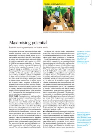TRADE & INVESTMENT ANALYSIS
The country scores relatively well for trade and investment freedom
Turkey’s trade record over the last few years has been
relatively impressive. Exports have risen substantially,
iferratically.In2006,exportsstoodat$85.5bn.By2014,
the figure reached a record high of $157.6bn. Howev-
er,importshavealsogrownrapidly,reaching$242.2bn
in 2014. This trade deficit, which reached 10% of GDP
in 2014, has been a perennial problem for the coun-
try. The country is looking to change this balance and
has placed better export performance at the heart of
its growth strategy up to 2023, the centenary of the
Turkish Republic. The government is targeting exports
of $500bn by that date as part of a plan to reach an
annual GDP figure of $2trn (up from around $800bn
in 2014) and a per capita income of $25,000 (up from
$10,400 in 2014). The country is certainly well placed
to bolster its trade volumes, both for import, export
and re-export. Turkey’s geographic location gives it
proximitytothemarketsofEurasia,AfricaandtheMid-
dleEast.Some56countriesliewithinafour-hourflight
of Turkey, a swathe of countries with around 1.5bn
peopleandexportpotentialofupto$10bn,according
to EY. The republic has also developed the infrastruc-
ture to maximise this trade potential.
FREER TRADE: The country scores relatively well on
theHeritageFoundation’sIndexofEconomicFreedom
2015 for trade freedom and investment freedom.
Turkey’s overall score of 63.2 ranks it 70th globally.
However, it scores 84.6 on trade freedom and 75 on
investment freedom (with a score above 70 denoting
that a country is mostly free and a score above 80 sig-
nifyingthatitisfree).TurkeyalsoscoreswellintheWorld
EconomicForum’s“GlobalEnablingTrade2014”report,
ranking 46th overall, 34th for domestic market access
and 26th for its transport infrastructure. According to
thereport,Turkeyalsohasamaximumscore,alongwith
34 other countries, on Customs transparency. But this
generallyliberaltraderegimewillonlygetTurkeysofar.
The government has also been pushing hard to con-
clude comprehensive and limited free trade agree-
ments (FTAs) with several partners to bolster trade.
The republic has 17 FTAs in force, is in negotiations
forafurther13andhasbegunpreliminarydiscussions
to commence negotiations on a further 10 with coun-
tries or country blocks including the US and Canada.
TheseFTAshavebenefittedTurkey.Intheyearsfrom
2000 to 2012, trade with FTA partners outperformed
the country’s overall trade. According to a November
2013articlebyCerenSavaseratHerdemAttorneyson
Mondaq.com, total exports in this period increased by
446%, while Turkish exports to FTA partners rose by
551%. By 2012 Turkey’s exports to FTA partners had
reached $14.5bn, compared to overall exports of
$152.5bn. In the same period, total imports to Turkey
increasedby340%,whereasimportsfromFTApartners
increasedby280%.By2012theyhadreached$10.7bn,
or 4.5% of the total. As the statistics suggest, Turkey’s
FTAtrade,whilerelativelysmall,hasoutshonethecoun-
try’s general trade performance. Moreover, it has ben-
efitted disproportionately from its FTAs compared to
its partners. These countries have a 4.5% share in
Turkey’s imports, but a much more impressive 9.5%
shareinitsexports.OutofTurkey’s17FTAs,sevenpart-
ners ranked in the top-40 export destinations in 2012
(Egypt,Israel,Georgia,Lebanon,Morocco,Switzerland
and Tunisia). While the government has struggled in
generaltermstoboostexportswithoutaconcomitant
increase in imports, the country has had no problems
inremainingcompetitivewithitsFTApartners.Turkey’s
generaltradedeficitstoodat$84.1bn,or10.7%ofGDP,
in 2012. However, with FTA partners, the country was
running a $3.9bn trade surplus.
NEGOTIATIONS:Itishardlysurprisingthatthegovern-
ment is keen to conclude more FTAs. In April 2014 the
country signed an agreement with Malaysia; negotia-
tions with Singapore and Peru are progressing rapidly.
The Turkey-Malaysia FTA is targeted to boost bilateral
trade to $5bn by 2018 from around $1.1bn currently.
The two countries will also abolish visa requirements
for their citizens, and Malaysia has agreed to invest
$1.5bn in the Turkish economy across several sectors
In 2014 Turkey concluded
an agreement with
Malaysia, with the aim to
boost bilateral trade to
$5bn by 2018, while
negotiations with
Singapore and Peru are
progressing rapidly.
21
THEREPORT Turkey 2015
The country is looking to
change its trade balance
and has placed better
export performance at the
heart of its growth strategy
up to 2023, the centenary
of the Turkish Republic. The
government is targeting
exports of $500bn by
that year.
Maximising potential
Further trade agreements are in the works
 