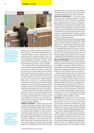 ECONOMY OVERVIEW
pendent Industrialists and Businessmen’s Associa-
tion, “Turkey is a dollarised economy. When some-
thing bad happens, not only corporates, but also
consumers go into foreign exchange.” Since mid-
2013 many Turkish residents have been transferring
their bank deposits into foreign currencies – name-
ly euros, dollars and sterling – in an attempt to pro-
tect themselves from further currency volatility.
The instability of the lira has left the banking and
business sector exposed to substantial risk, given the
private sector’s share of foreign currency debt.
According to Emre Sezan, head of equity research
at İş Investment, private sector foreign currency net
debt stands at 22% of GDP, and depreciation of the
lira will necessarily increase the cost of servicing
these loans. According to the TCMB’s November
2014 report, currency risk is comparably higher
amongst electricity producing firms and real estate
investment companies, as they generate less revenue
inforeigncurrencies.However,non-performingloans
have been stable thus far, at 2.6-2.7% since 2011.
The depreciation of the euro against the dollar has
also had an effect on the corporate segment, with
45% of the country’s exports invoiced in euros,
according to the World Bank. This in turn has made
it more difficult for firms to finance dollar-denom-
inated imports, though the impact on the wider
economy has been negligible.
DOMESTIC DEMAND: In general terms, the new
regulations regarding consumer credit introduced
in early 2014 could have a negative effect on domes-
tic demand, though they are also likely to improve
the consumer loan portfolios of banks. Domestic
uncertainty ahead of the June 2015 general elec-
tions is also depressing demand. According to the
World Bank’s April 2015 Regular Economic Note,
consumer confidence is at its lowest level since
March 2009, when the global economy was in the
throes of the financial crisis. While major spending
decisions by households and corporates are being
put off until after the elections, the World Bank’s
3% GDP growth forecast for 2015 assumes that
domestic demand will recover shortly thereafter.
COURTING CONFIDENCE: In the short term,
Moody’s outlook downgrade in April 2014, which it
reaffirmed most recently in April 2015, is unlikely to
have a dramatic impact. However, if Turkey were
downgraded further, losing its investment grade sta-
tus, the country could witness more serious capital
outflows. According to Moody’s, while the country’s
sovereign rating is unlikely to see any improvements
in the near term, a move backwards in terms of pub-
lic finances, heightened political instability or a dete-
rioration in its external finances are all possible alert
signals for a ratings downgrade.
Fortunately, the government has had few problems
with its external financing needs. In April 2015 Turkey
issued a $1.5bn dollar-denominated bond with a
yield of 4.4% – some 250 basis points over compa-
rable US Treasury bills, according to the Turkish Treas-
ury. Combined with another $1.5bn issue in January,
this sale marks $3bn out of the $4.5bn in planned
issues for 2015. Oversubscribed by five times, the
April sale signals continued interest in the country’s
sovereign debt from international investors. Indeed,
just15%ofthebondsweresoldtodomesticinvestors.
MEASURED PROGRESS: Further improvements to
Turkey’s external position could be in the offing. As
of February 2015 the CAD was down by nearly 9%
from $46.9bn in September 2014 to $42.8bn, driv-
en by a $3.1bn drop in the energy deficit and a $2.1bn
adjustment on higher gold exports. This represents
a drop from 5.8% of GDP to 5.4% over the period.
Looking ahead, the depreciation of the lira should
also have a positive impact on exports and the cur-
rent account. Balkız told OBG, “We do not want the
lira to go to 2 [against the dollar] again, because it
kills the competitiveness of Turkish exports. We see
the effect of exports increasing. As developed coun-
tries show better performances, this is good for us.
Also, it will be positive for the CAD.” Indeed, most pre-
dictions are for a further contraction of the CAD in
2015. According to the World Bank, weak oil prices
could help cut it to 4.4% of GDP, which should help
to reduce the country’s external financing burden
from $220bn in 2014 to $200bn in 2015.
OUTLOOK: While a reduction in external vulnerabil-
ities is welcome in the short term, it belies persist-
ent structural concerns. As it stands, the country
remains reliant on domestic demand and a large
CAD to reach its growth targets, generate sufficient
employment or boost per capita income. In the long
run,thecountryneedstoaddresssupply-sidereforms
such as labour market regulations and education.
While Turkey has recorded impressive growth in
the past decade, it may have reached its limit with-
out substantial structural overhauls of the econo-
my. If the country can overcome the current investor
uncertainty and improve productivity through much-
needed reforms, the ambitious growth targets
set by the government could eventually be reached.
34
Since mid-2013 many Turkish residents have been transferring their bank deposits into foreign currencies
Turkey issued a $1.5bn
dollar-denominated bond
in April 2015, its second of
the year. The sale, which
was oversubscribed by five
times, is indicative of
continued interest in the
country’s sovereign debt.
As of February 2015 the
current account deficit
was down by nearly 9%
from $46.9bn in
September 2014 to
$42.8bn. This represents a
drop from 5.8% of GDP to
5.4% over the period.
www.oxfordbusinessgroup.com/country/turkey
 