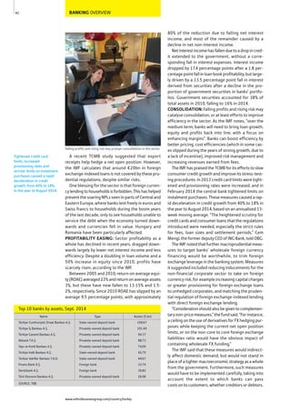 BANKING OVERVIEW
A recent TCMB study suggested that export
receipts help hedge a net open position. However,
the IMF calculates that around €20bn in foreign
exchange-indexed loans is not covered by these pru-
dential regulations, despite similar risks.
One blessing for the sector is that foreign curren-
cylendingtohouseholdsisforbidden.Thishashelped
prevent the soaring NPLs seen in parts of Central and
Eastern Europe, where banks lent freely in euros and
Swiss francs to households during the boom years
of the last decade, only to see households unable to
service the debt when the economy turned down-
wards and currencies fell in value. Hungary and
Romania have been particularly affected.
PROFITABILITY EASING: Sector profitability as a
whole has declined in recent years, dragged down-
wards largely by lower net interest income and less
efficiency. Despite a doubling in loan volume and a
50% increase in equity since 2010, profits have
scarcely risen, according to the IMF.
Between 2005 and 2010, return on average equi-
ty (ROAE) averaged 23% and return on average assets
3%, but these have now fallen to 13-15% and 1.5-
2%, respectively. Since 2010 ROAE has slipped by an
average 9.5 percentage points, with approximately
80% of the reduction due to falling net interest
income, and most of the remainder caused by a
decline in net non-interest income.
Netinterestincomehasfallenduetoadropincred-
it extended to the government, without a corre-
sponding fall in interest expenses. Interest income
dropped by 17.4 percentage points after a 1.8 per-
centage point fall in loan book profitability, but large-
ly driven by a 13.5 percentage point fall in interest
derived from securities after a decline in the pro-
portion of government securities in banks’ portfo-
lios. Government securities accounted for 38% of
total assets in 2010, falling to 16% in 2014.
CONSOLIDATION: Falling profits and rising risk may
catalyse consolidation, or at least efforts to improve
efficiency in the sector. As the IMF notes, “over the
medium term, banks will need to bring loan growth,
equity and profits back into line, with a focus on
enhancing margins”. Banks can boost efficiency by
better pricing, cost efficiencies (which in some cas-
es slipped during the years of strong growth, due to
a lack of incentive), improved risk management and
increasing revenues earned from fees.
The IMF has praised the TCMB for its efforts to slow
consumer credit growth and improve its stress-test-
ing procedures. In 2013 credit card limits were tight-
ened and provisioning rates were increased, and in
February 2014 the central bank tightened limits on
instalment purchases. These measures caused a rap-
id deceleration in credit growth from 40% to 18% in
the year to August 2014, based on an annualised 13-
week moving average. “The heightened scrutiny for
credit cards and consumer loans that the regulations
introduced were needed, especially the strict rules
for fees, loan sizes and settlement periods,” Cem
Mengi, the former deputy CEO of ING Bank, told OBG.
TheIMFnotedthatfurthermacroprudientialmeas-
ures to target banks’ wholesale foreign currency
financing would be worthwhile, to trim foreign
exchange leverage in the banking system. Measures
it suggested included reducing inducements for the
non-financial corporate sector to take on foreign
currency risk, for example increasing capital charges
or greater provisioning for foreign exchange loans
to unhedged corporates, and matching the pruden-
tial regulation of foreign exchange-indexed lending
with direct foreign exchange lending.
“Considerationshouldalsobegiventocomplemen-
tarynon-pricemeasures,”thefundsaid.“Forinstance,
a ceiling on the use of derivatives for FX hedging pur-
poses while keeping the current net open position
limits, or on the non-core to core foreign exchange
liabilities ratio would have the obvious impact of
containing wholesale FX funding.”
The IMF said that these measures would indirect-
ly affect domestic demand, but would not stand in
place of a tighter macroeconomic strategy as a whole
from the government. Furthermore, such measures
would have to be implemented carefully, taking into
account the extent to which banks can pass
costs on to customers, whether creditors or debtors.
42
SOURCE: TBB
Name Type Assets ($ bn)
Türkiye Cumhuriyeti Ziraat Bankası A.Ş. State-owned deposit bank 104.67
Türkiye İş Bankası A.Ş. Privately-owned deposit bank 101.44
Türkiye Garanti Bankası A.Ş. Privately-owned deposit bank 94.37
Akbank T.A.Ş. Privately-owned deposit bank 88.73
Yapı ve Kredi Bankası A.Ş. Privately-owned deposit bank 74.09
Türkiye Halk Bankası A.Ş. State-owned deposit bank 65.79
Türkiye Vakıﬂar Bankası T.A.O. State-owned deposit bank 64.67
Finans Bank A.Ş. Foreign bank 32.74
Denizbank A.Ş. Foreign bank 30.82
Türk Ekonomi Bankası A.Ş. Privately-owned deposit bank 26.98
Top 10 banks by assets, Sept. 2014
Falling profits and rising risk may prompt consolidation in the sector
Tightened credit card
limits, increased
provisioning rates and
stricter limits on instalment
purchases caused a rapid
deceleration in credit
growth, from 40% to 18%,
in the year to August 2014.
www.oxfordbusinessgroup.com/country/turkey
 