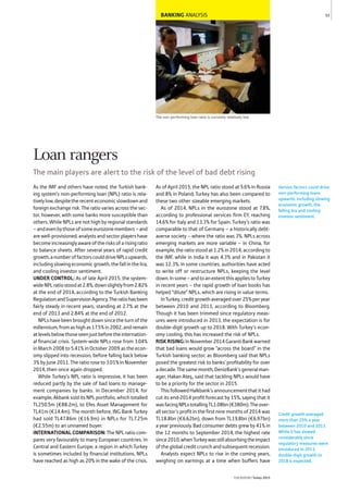 BANKING ANALYSIS
The non-performing loan ratio is currently relatively low
As the IMF and others have noted, the Turkish bank-
ing system’s non-performing loan (NPL) ratio is rela-
tivelylow,despitetherecenteconomicslowdownand
foreign exchange risk. The ratio varies across the sec-
tor, however, with some banks more susceptible than
others. While NPLs are not high by regional standards
–andevenbythoseofsomeeurozonemembers–and
are well-provisioned, analysts and sector players have
becomeincreasinglyawareoftherisksofarisingratio
to balance sheets. After several years of rapid credit
growth,anumberoffactorscoulddriveNPLsupwards,
includingslowingeconomicgrowth,thefallinthelira,
and cooling investor sentiment.
UNDER CONTROL: As of late April 2015, the system-
wideNPLratiostoodat2.8%,downslightlyfrom2.82%
at the end of 2014, according to the Turkish Banking
RegulationandSupervisionAgency.Theratiohasbeen
fairly steady in recent years, standing at 2.7% at the
end of 2013 and 2.84% at the end of 2012.
NPLs have been brought down since the turn of the
millennium,fromashighas17.5%in2002,andremain
atlevelsbelowthoseseenjustbeforetheinternation-
al financial crisis. System-wide NPLs rose from 3.04%
in March 2008 to 5.41% in October 2009 as the econ-
omy slipped into recession, before falling back below
3% by June 2011. The ratio rose to 3.01% in November
2014, then once again dropped.
While Turkey’s NPL ratio is impressive, it has been
reduced partly by the sale of bad loans to manage-
ment companies by banks. In December 2014, for
example, Akbank sold its NPL portfolio, which totalled
TL250.5m (€88.2m), to Efes Asset Management for
TL41m (€14.4m). The month before, ING Bank Turkey
had sold TL47.86m (€16.9m) in NPLs for TL7.25m
(€2.55m) to an unnamed buyer.
INTERNATIONAL COMPARISON: The NPL ratio com-
pares very favourably to many European countries. In
Central and Eastern Europe, a region in which Turkey
is sometimes included by financial institutions, NPLs
have reached as high as 20% in the wake of the crisis.
As of April 2015, the NPL ratio stood at 5.6% in Russia
and 8% in Poland; Turkey has also been compared to
these two other sizeable emerging markets.
As of 2014, NPLs in the eurozone stood at 7.8%,
according to professional services firm EY, reaching
14.6% for Italy and 13.3% for Spain. Turkey’s ratio was
comparable to that of Germany – a historically debt-
averse society – where the ratio was 3%. NPLs across
emerging markets are more variable – in China, for
example, the ratio stood at 1.2% in 2014, according to
the IMF, while in India it was 4.3% and in Pakistan it
was 12.3%. In some countries, authorities have acted
to write off or restructure NPLs, keeping the level
down.Insome–andtoanextentthisappliestoTurkey
in recent years – the rapid growth of loan books has
helped “dilute” NPLs, which are rising in value terms.
InTurkey,creditgrowthaveragedover25%peryear
between 2010 and 2013, according to Bloomberg.
Though it has been trimmed since regulatory meas-
ures were introduced in 2013, the expectation is for
double-digit growth up to 2018. With Turkey’s econ-
omy cooling, this has increased the risk of NPLs.
RISKRISING:InNovember2014GarantiBankwarned
that bad loans would grow “across the board” in the
Turkish banking sector, as Bloomberg said that NPLs
posed the greatest risk to banks’ profitability for over
adecade.Thesamemonth,DenizBank’sgeneralman-
ager, Hakan Ateş, said that tackling NPLs would have
to be a priority for the sector in 2015.
ThisfollowedHalkbank’sannouncementthatithad
cut its end-2014 profit forecast by 15%, saying that it
wasfacingNPLstotallingTL1.08bn(€380m).Theover-
all sector’s profit in the first nine months of 2014 was
TL18.8bn (€6.62bn), down from TL19.8bn (€6.97bn)
a year previously. Bad consumer debts grew by 41% in
the 12 months to September 2014, the highest rate
since2010,whenTurkeywasstillabsorbingtheimpact
oftheglobalcreditcrunchandsubsequentrecession.
Analysts expect NPLs to rise in the coming years,
weighing on earnings at a time when buffers have
Various factors could drive
non-performing loans
upwards, including slowing
economic growth, the
falling lira and cooling
investor sentiment.
53
THEREPORT Turkey 2015
Credit growth averaged
more than 25% a year
between 2010 and 2013.
While it has slowed
considerably since
regulatory measures were
introduced in 2013,
double-digit growth to
2018 is expected.
Loan rangers
The main players are alert to the risk of the level of bad debt rising
 