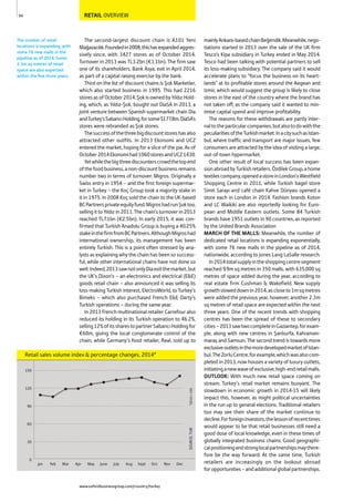 RETAIL OVERVIEW
mainlyAnkara-basedchainBeğendik.Meanwhile,nego-
tiations started in 2013 over the sale of the UK firm
Tesco’s Kipa subsidiary in Turkey ended in May 2014.
Tesco had been talking with potential partners to sell
its loss-making subsidiary. The company said it would
accelerate plans to “focus the business on its heart-
lands” at its profitable stores around the Aegean and
Izmir, which would suggest the group is likely to close
stores in the east of the country where the brand has
not taken off, as the company said it wanted to min-
imise capital spend and improve profitability.
The reasons for these withdrawals are partly inter-
naltotheparticularcompanies,butalsotodowiththe
peculiaritiesoftheTurkishmarket.InacitysuchasIstan-
bul, where traffic and transport are major issues, few
consumers are attracted by the idea of visiting a large,
out-of-town hypermarket.
One other result of local success has been expan-
sionabroadbyTurkishretailers.ÖzdilekGroup,ahome
textilescompany,openedastoreinLondon’sWestfield
Shopping Centre in 2011, while Turkish bagel store
Simit Sarayı and café chain Kahve Dünyası opened a
store each in London in 2014. Fashion brands Koton
and LC Waikiki are also reportedly looking for Euro-
pean and Middle Eastern outlets. Some 84 Turkish
brands have 1951 outlets in 90 countries, as reported
by the United Brands Association
MARCH OF THE MALLS: Meanwhile, the number of
dedicated retail locations is expanding exponentially,
with some 76 new malls in the pipeline as of 2014,
nationwide, according to Jones Lang LaSalle research.
In2014totalsupplyintheshoppingcentresegment
reached 9.9m sq metres in 350 malls, with 635,000 sq
metres of space added during the year, according to
real estate firm Cushman & Wakefield. New supply
growthsloweddownin2014,ascloseto1msqmetres
were added the previous year, however, another 2.3m
sq metres of retail space are expected within the next
three years. One of the recent trends with shopping
centres has been the spread of these to secondary
cities–2013sawtwocompleteinGaziantep,forexam-
ple, along with new centres in Şanlıurfa, Kahraman-
maraş and Samsun. The second trend is towards more
exclusiveoutletsinthemoredevelopedmarketofIstan-
bul.TheZorluCentre,forexample,whichwasalsocom-
pleted in 2013, now houses a variety of luxury outlets,
initiatinganewwaveofexclusive,high-endretailmalls.
OUTLOOK: With much new retail space coming on
stream, Turkey’s retail market remains buoyant. The
slowdown in economic growth in 2014-15 will likely
impact this, however, as might political uncertainties
in the run up to general elections. Traditional retailers
too may see their share of the market continue to
decline.Forforeigninvestors,thelessonofrecenttimes
would appear to be that retail businesses still need a
good dose of local knowledge, even in these times of
globally integrated business chains. Good geographi-
calpositioningandstronglocalpartnershipsmaythere-
fore be the way forward. At the same time, Turkish
retailers are increasingly on the lookout abroad
foropportunities–andadditionalglobalpartnerships.
94
SOURCE:TUIK*2010=100
Retail sales volume index & percentage changes, 2014*
0
30
60
90
120
150
DecNovOctSeptAugJulyJuneMayAprMarFebJan
The number of retail
locations is expanding, with
some 76 new malls in the
pipeline as of 2014. Some
2.3m sq metres of retail
space are also expected
within the few three years.
www.oxfordbusinessgroup.com/country/turkey
The second-largest discount chain is A101 Yeni
Mağazacılık.Foundedin2008,thishasexpandedaggres-
sively since, with 3427 stores as of October 2014.
Turnover in 2013 was TL3.2bn (€1.1bn). The firm saw
one of its shareholders, Bank Asya, exit in April 2014,
as part of a capital raising exercise by the bank.
Third on the list of discount chains is Şok Marketler,
which also started business in 1995. This had 2216
storesasofOctober2014.ŞokisownedbyYıldızHold-
ing, which, as Yıldız-Şok, bought out DiaSA in 2013, a
joint venture between Spanish supermarket chain Dia
andTurkey’sSabancıHolding,forsome$177.8m.DiaSA’s
stores were rebranded as Şok stores.
Thesuccessofthethreebigdiscountstoreshasalso
attracted other outfits. In 2013 Ekonomi and UCZ
entered the market, hoping for a slice of the pie. As of
October2014Ekonomihad1060storesandUCZ1430.
Yetwhilethebigthreediscounterscrowdthetopend
ofthefoodbusiness,anon-discountbusinessremains
number two in terms of turnover: Migros. Originally a
Swiss entry in 1954 – and the first foreign supermar-
ket in Turkey – the Koç Group took a majority stake in
it in 1975. In 2008 Koç sold the chain to the UK-based
BCPartnersprivateequityfund.MigroshadrunŞoktoo,
selling it to Yıldız in 2011. The chain’s turnover in 2013
reached TL7.1bn (€2.5bn). In early 2015, it was con-
firmed that Turkish Anadolu Group is buying a 40.25%
stakeinthefirmfromBCPartners.AlthoughMigroshad
international ownership, its management has been
entirely Turkish. This is a point often stressed by ana-
lysts as explaining why the chain has been so success-
ful, while other international chains have not done so
well.Indeed,2013sawnotonlyDiaexitthemarket,but
the UK’s Dixon’s – an electronics and electrical (E&E)
goods retail chain – also announced it was selling its
loss-making Turkish interest, ElectroWorld, to Turkey’s
Bimeks – which also purchased French E&E Darty’s
Turkish operations – during the same year.
In 2013 French multinational retailer Carrefour also
reduced its holding in its Turkish operation to 46.2%,
selling12%ofitssharestopartnerSabancıHoldingfor
€60m, giving the local conglomerate control of the
chain, while Germany’s food retailer, Real, sold up to
 
