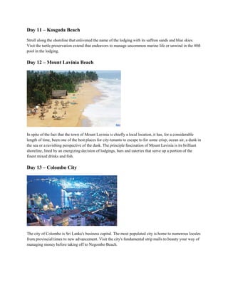 Day 11 – Kosgoda Beach
Stroll along the shoreline that enlivened the name of the lodging with its saffron sands and blue skies.
Visit the turtle preservation extend that endeavors to manage uncommon marine life or unwind in the 40ft
pool in the lodging.
Day 12 – Mount Lavinia Beach
In spite of the fact that the town of Mount Lavinia is chiefly a local location, it has, for a considerable
length of time, been one of the best places for city-tenants to escape to for some crisp, ocean air, a dunk in
the sea or a ravishing perspective of the dusk. The principle fascination of Mount Lavinia is its brilliant
shoreline, lined by an energizing decision of lodgings, bars and eateries that serve up a portion of the
finest mixed drinks and fish.
Day 13 – Colombo City
The city of Colombo is Sri Lanka's business capital. The most populated city is home to numerous locales
from provincial times to new advancement. Visit the city's fundamental strip malls to beauty your way of
managing money before taking off to Negombo Beach.
 