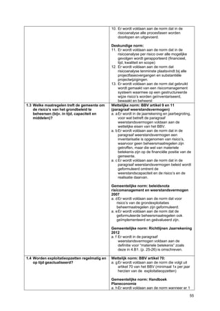 55
10. Er wordt voldaan aan de norm dat in de
risicoanalyse alle procesfasen worden
doorlopen en uitgevoerd.
Deskundige norm:
11. Er wordt voldaan aan de norm dat in de
risicoanalyse per risico over alle mogelijke
gevolgen wordt gerapporteerd (financieel,
tijd, kwaliteit en scope)
12. Er wordt voldaan aan de norm dat
risicoanalyse tenminste plaatsvindt bij alle
projectfaseovergangen en substantiële
projectwijzigingen.
13. Er wordt voldaan aan de norm dat gebruikt
wordt gemaakt van een risicomanagement
systeem waarmee op een gestructureerde
wijze risico’s worden geïnventariseerd,
bewaakt en beheerst
1.3 Welke maatregelen treft de gemeente om
de risico’s van het grondbeleid te
beheersen (bijv. in tijd, capaciteit en
middelen)?
Wettelijke norm: BBV artikel 9 en 11
(paragraaf weerstandsvermogen)
a. aEr wordt in de jaarrekening en jaarbegroting,
voor wat betreft de paragraaf
weerstandsvermogen voldaan aan de
wettelijke eisen van het BBV.
a. bEr wordt voldaan aan de norm dat in de
paragraaf weerstandsvermogen een
inventarisatie is opgenomen van risico’s,
waarvoor geen beheersmaatregelen zijn
getroffen, maar die wel van materiele
betekenis zijn op de financiële positie van de
gemeente.
a. c Er wordt voldaan aan de norm dat in de
paragraaf weerstandsvermogen beleid wordt
geformuleerd omtrent de
weerstandscapaciteit en de risico’s en de
realisatie daarvan.
Gemeentelijke norm: beleidsnota
risicomanagement en weerstandsvermogen
2007
a. dEr wordt voldaan aan de norm dat voor
risico’s van de grondexploitaties
beheermaatregelen zijn geformuleerd.
a. eEr wordt voldaan aan de norm dat de
geformuleerde beheersmaatregelen ook
geïmplementeerd en geëvalueerd zijn.
Gemeentelijke norm: Richtlijnen Jaarrekening
2012
a. f Er wordt in de paragraaf
weerstandsvermogen voldaan aan de
definitie voor “materiele betekenis” zoals
deze in 4.B1. (p. 25-26) is omschreven.
1.4 Worden exploitatieopzetten regelmatig en
op tijd geactualiseerd?
Wettelijk norm: BBV artikel 70:
a. gEr wordt voldaan aan de norm die volgt uit
artikel 70 van het BBV (minimaal 1x per jaar
herzien van de exploitatieopzetten)
Gemeentelijke norm: Handboek
Planeconomie
a. hEr wordt voldaan aan de norm wanneer er 1
 