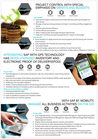 Asset
Tracking
Mobility
Solution
Key benefits
Fleet Management to track vehicle maintenance, idle time, driver behavior, harsh driving and fuel
management
Track real-time progress of the delivery using Electronic Proof of Delivery (EPOD) mobile application
Aids route optimization and map based dispatches
Enables geo-fencing based validations
Assists in locating people as well as vehicles along with historical search
Facilitates tracking of immovable as well as movable assets such as ambulances, vehicles, cars etc.
Download predefined routes
Local vehicle inventory and inventory reconciliation
Capture job/delivery progress and completion details
Capture electronic customer signature
Key benefits
INTEGRATING SAP WITH GPS TECHNOLOGY
HAS INVENTORY ANDREVOLUTIONIZED
ELECTRONIC PROOF OF DELIVERY(EPOD)
WITH SAP B1 MOBILITY,
ALL BUSINESS ACTIVITIESMANAGE ON THE GO
Grant
Management
Key benefits
ses real-time data to create precise and timely reports for planning strategies andU
audit reviews
anages all key accounting processes and helps in controlling cash flow, budgets andM
grants
Improves administrative efficiency
Ensures effective procurement
Helps in keeping track of pre-approved grant opportunities
Helps with controlling and reporting expenditure in relation to the budget
PROJECT CONTROL WITH SPECIAL
EMPHASIS ON GRANTS AND BUDGETS
Public Sector Higher Education Research Institutes
Distribution Wholesale Transportation Logistics
Distribution Wholesale Transportation Logistics
One integrated solution covering Enterprise Asset Management, Asset Tracking using GPS
Technology, Mobile Workforce Management, Approvals, ESRI and Google Map Integration,
Digital Signature Capture
Enables real time business decisions anytime and anywhere
Direct connectivity for sales representatives, field persons, managers and service technicians
Compile sales orders for customers and verify available stock on the fly
Assign sales employees when editing sales orders or quotations
Access and maintain real-time information for your company and all business partners
Features for pervasive analytics on SAP Business One 9.1, version for SAP HANA (cube
data source & customized dashboards)
Royalty
Management
Key benefits
Auto calculation of royalty amounts and invoicing based upon the sharing with inventors
and co-owners
Fully integrated with financials and accounting module
Track patent details
Track and manage royalty terms and conditions for each licensed item
Terms and conditions can be one or combination of Sales, Volume, Milestone or Fixed Cost
Electronic Proof of Delivery (EPOD)
 
