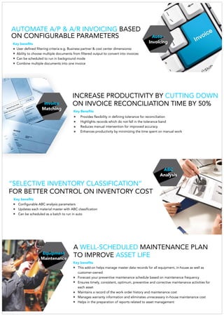 Auto -
Invoicing
ABC
Analysis
Invoice
Matching
Key benefits
User defined filtering criteria e.g. Business partner & cost center dimensionsz
Ability to choose multiple documents from filtered output to convert into invoices
Can be scheduled to run in background mode
Combine multiple documents into one invoice
AUTOMATE A/P & A/R INVOICING BASED
ON CONFIGURABLE PARAMETERS
INCREASE PRODUCTIVITY BY CUTTING DOWN
ON INVOICE RECONCILIATION TIME BY 50%
Key benefits
This add-on helps manage master data records for all equipment, in-house as well as
customer-owned
Forecast your preventive maintenance schedule based on maintenance frequency
Ensures timely, consistent, optimum, preventive and corrective maintenance activities for
each asset
Maintains a record of the work order history and maintenance cost
Manages warranty information and eliminates unnecessary in-house maintenance cost
Helps in the preparation of reports related to asset management
A MAINTENANCE PLANWELL-SCHEDULED
TO IMPROVE ASSET LIFE
Provides flexibility in defining tolerance for reconciliation
Highlights records which do not fall in the tolerance band
Reduces manual intervention for improved accuracy
Enhances productivity by minimizing the time spent on manual work
Key Benefits
Equipment
Maintenance
Key benefits
Configurable ABC analysis parameters
Updates each material master with ABC classification
Can be scheduled as a batch to run in auto
“SELECTIVE INVENTORY CLASSIFICATION”
FOR BETTER CONTROL ON INVENTORY COST
 