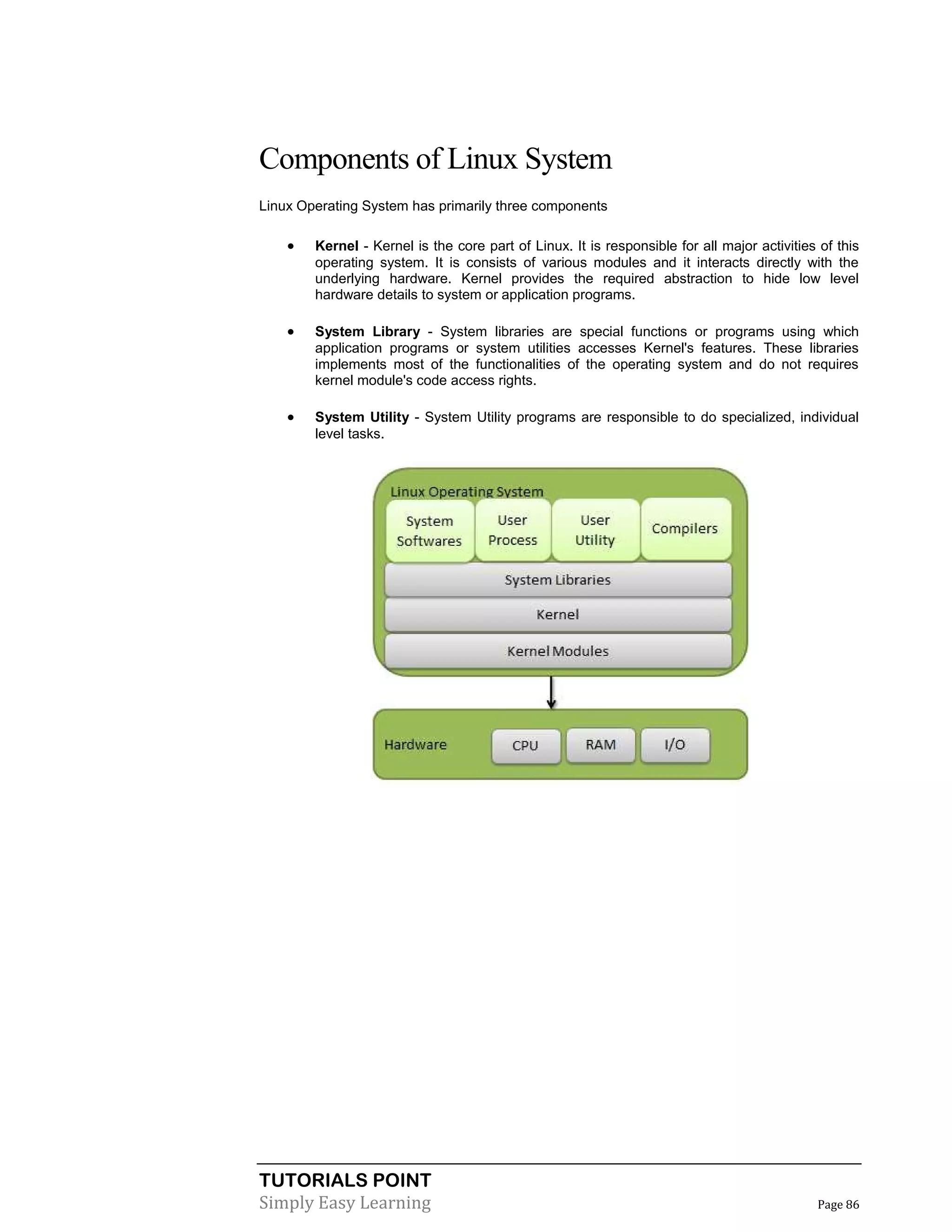 TUTORIALS POINT
Simply Easy Learning Page 86
Components of Linux System
Linux Operating System has primarily three components
 Kernel - Kernel is the core part of Linux. It is responsible for all major activities of this
operating system. It is consists of various modules and it interacts directly with the
underlying hardware. Kernel provides the required abstraction to hide low level
hardware details to system or application programs.
 System Library - System libraries are special functions or programs using which
application programs or system utilities accesses Kernel's features. These libraries
implements most of the functionalities of the operating system and do not requires
kernel module's code access rights.
 System Utility - System Utility programs are responsible to do specialized, individual
level tasks.
 