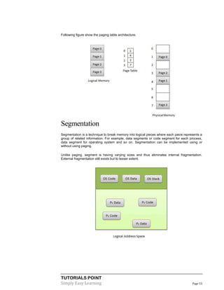 TUTORIALS POINT
Simply Easy Learning Page 53
Following figure show the paging table architecture.
Segmentation
Segmentation is a technique to break memory into logical pieces where each piece represents a
group of related information. For example, data segments or code segment for each process,
data segment for operating system and so on. Segmentation can be implemented using or
without using paging.
Unlike paging, segment is having varying sizes and thus eliminates internal fragmentation.
External fragmentation still exists but to lesser extent.
 
