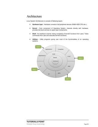 TUTORIALS POINT
Simply Easy Learning Page 89
Architecture
Linux System Architecture is consists of following layers
 Hardware layer - Hardware consists of all peripheral devices (RAM/ HDD/ CPU etc.).
 Kernel - Core component of Operating System, interacts directly with hardware,
provides low level services to upper layer components.
 Shell - An interface to kernel, hiding complexity of kernel's functions from users. Takes
commands from user and executes kernel's functions.
 Utilities - Utility programs giving user most of the functionalities of an operating
systems.
 