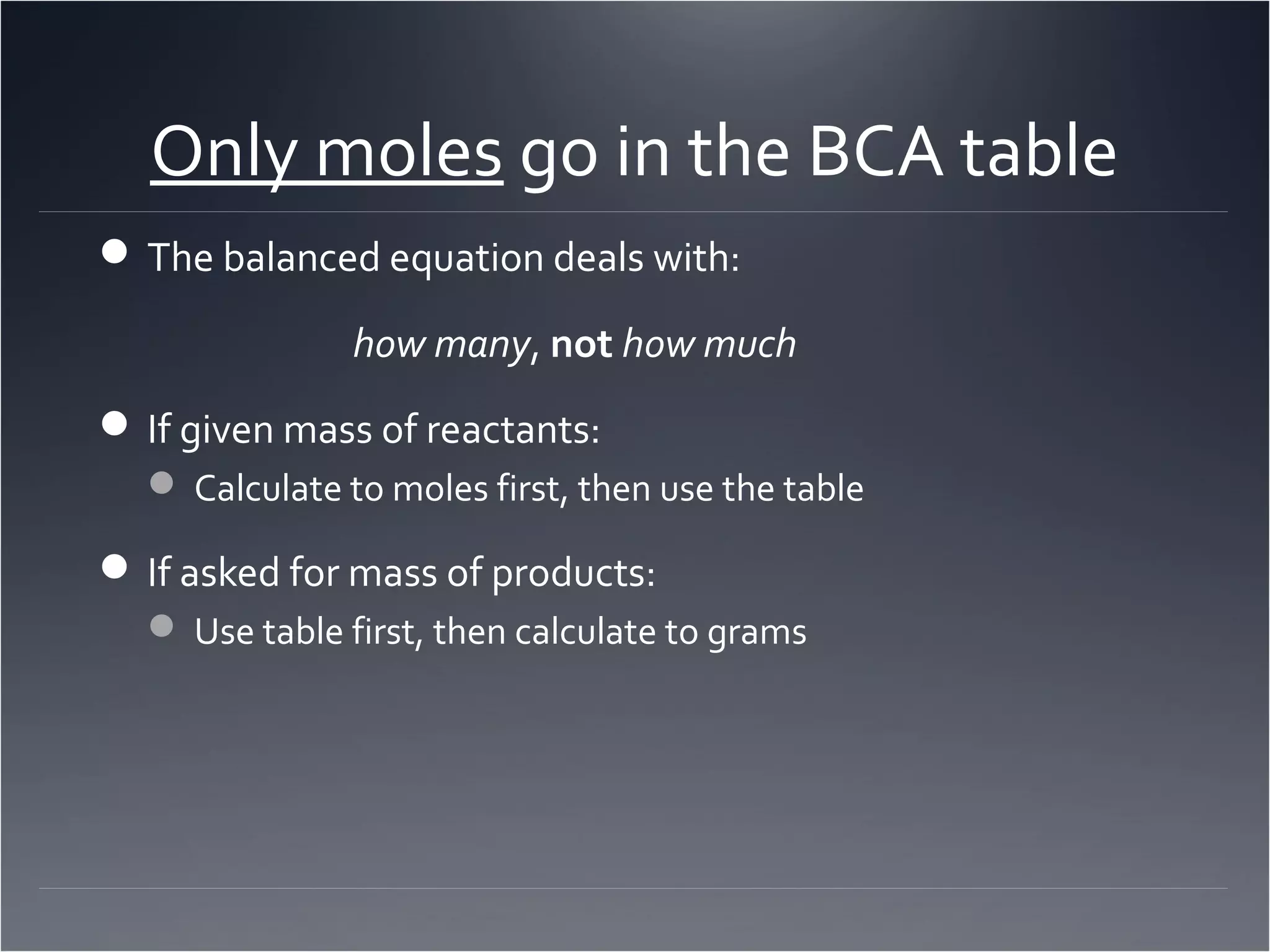 Only moles go in the BCA table
 The balanced equation deals with:

               how many, not how much
 If given mass of reactants:
   Calculate to moles first, then use the table

 If asked for mass of products:
   Use table first, then calculate to grams
 