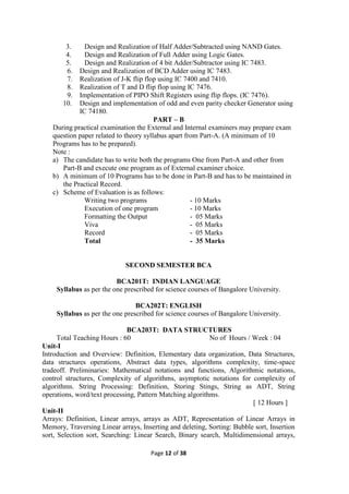 Page 12 of 38
3. Design and Realization of Half Adder/Subtracted using NAND Gates.
4. Design and Realization of Full Adder using Logic Gates.
5. Design and Realization of 4 bit Adder/Subtractor using IC 7483.
6. Design and Realization of BCD Adder using IC 7483.
7. Realization of J-K flip flop using IC 7400 and 7410.
8. Realization of T and D flip flop using IC 7476.
9. Implementation of PIPO Shift Registers using flip flops. (IC 7476).
10. Design and implementation of odd and even parity checker Generator using
IC 74180.
PART – B
During practical examination the External and Internal examiners may prepare exam
question paper related to theory syllabus apart from Part-A. (A minimum of 10
Programs has to be prepared).
Note :
a) The candidate has to write both the programs One from Part-A and other from
Part-B and execute one program as of External examiner choice.
b) A minimum of 10 Programs has to be done in Part-B and has to be maintained in
the Practical Record.
c) Scheme of Evaluation is as follows:
Writing two programs - 10 Marks
Execution of one program - 10 Marks
Formatting the Output - 05 Marks
Viva - 05 Marks
Record - 05 Marks
Total - 35 Marks
SECOND SEMESTER BCA
BCA201T: INDIAN LANGUAGE
Syllabus as per the one prescribed for science courses of Bangalore University.
BCA202T: ENGLISH
Syllabus as per the one prescribed for science courses of Bangalore University.
BCA203T: DATA STRUCTURES
Total Teaching Hours : 60 No of Hours / Week : 04
Unit-I
Introduction and Overview: Definition, Elementary data organization, Data Structures,
data structures operations, Abstract data types, algorithms complexity, time-space
tradeoff. Preliminaries: Mathematical notations and functions, Algorithmic notations,
control structures, Complexity of algorithms, asymptotic notations for complexity of
algorithms. String Processing: Definition, Storing Stings, String as ADT, String
operations, word/text processing, Pattern Matching algorithms.
[ 12 Hours ]
Unit-II
Arrays: Definition, Linear arrays, arrays as ADT, Representation of Linear Arrays in
Memory, Traversing Linear arrays, Inserting and deleting, Sorting: Bubble sort, Insertion
sort, Selection sort, Searching: Linear Search, Binary search, Multidimensional arrays,
 