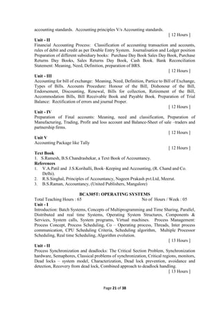 Page 21 of 38
accounting standards. Accounting principles V/s Accounting standards.
[ 12 Hours ]
Unit - II
Financial Accounting Process: Classification of accounting transaction and accounts,
rules of debit and credit as per Double Entry System. Journalisation and Ledger position
Preparation of different subsidiary books: Purchase Day Book Sales Day Book, Purchase
Returns Day Books, Sales Returns Day Book, Cash Book. Bank Reconciliation
Statement: Meaning, Need, Definition, preparation of BRS.
[ 12 Hours ]
Unit - III
Accounting for bill of exchange: Meaning, Need, Definition, Partice to Bill of Exchange,
Types of Bills. Accounts Procedure: Honour of the Bill, Dishonour of the Bill,
Endorsement, Discounting, Renewal, Bills for collection, Retirement of the Bill,
Accommodation Bills, Bill Receivable Book and Payable Book. Preparation of Trial
Balance: Rectification of errors and journal Proper.
[ 12 Hours ]
Unit - IV
Preparation of Final accounts: Meaning, need and classification, Preparation of
Manufacturing, Trading, Profit and loss account and Balance-Sheet of sale –traders and
partnership firms.
[ 12 Hours ]
Unit V
Accounting Package like Tally
[ 12 Hours ]
Text Book
1. S.Ramesh, B.S.Chandrashekar, a Text Book of Accountancy.
References
1. V.A.Patil and J.S.Korihalli, Book–Keeping and Accounting, (R. Chand and Co.
Delhi).
2. R.S.Singhal, Principles of Accountancy, Nageen Prakash pvt.Ltd, Meerut.
3. B.S.Raman, Accountancy, (United Publishers, Mangalore)
BCA305T: OPERATING SYSTEMS
Total Teaching Hours : 65 No of Hours / Week : 05
Unit - I
Introduction: Batch Systems, Concepts of Multiprogramming and Time Sharing, Parallel,
Distributed and real time Systems, Operating System Structures, Components &
Services, System calls, System programs, Virtual machines. Process Management:
Process Concept, Process Scheduling, Co – Operating process, Threads, Inter process
communication, CPU Scheduling Criteria, Scheduling algorithm, Multiple Processor
Scheduling, Real time Scheduling, Algorithm evolution.
[ 13 Hours ]
Unit - II
Process Synchronization and deadlocks: The Critical Section Problem, Synchronization
hardware, Semaphores, Classical problems of synchronization, Critical regions, monitors,
Dead locks – system model, Characterization, Dead lock prevention, avoidance and
detection, Recovery from dead lock, Combined approach to deadlock handling.
[ 13 Hours ]
 