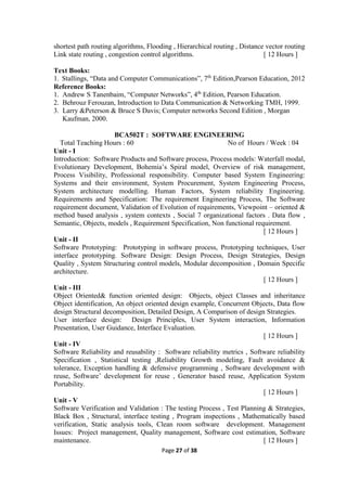Page 27 of 38
shortest path routing algorithms, Flooding , Hierarchical routing , Distance vector routing
Link state routing , congestion control algorithms. [ 12 Hours ]
Text Books:
1. Stallings, “Data and Computer Communications”, 7th
Edition,Pearson Education, 2012
Reference Books:
1. Andrew S Tanenbaim, “Computer Networks”, 4th
Edition, Pearson Education.
2. Behrouz Ferouzan, Introduction to Data Communication & Networking TMH, 1999.
3. Larry &Peterson & Bruce S Davis; Computer networks Second Edition , Morgan
Kaufman, 2000.
BCA502T : SOFTWARE ENGINEERING
Total Teaching Hours : 60 No of Hours / Week : 04
Unit - I
Introduction: Software Products and Software process, Process models: Waterfall modal,
Evolutionary Development, Bohemia’s Spiral model, Overview of risk management,
Process Visibility, Professional responsibility. Computer based System Engineering:
Systems and their environment, System Procurement, System Engineering Process,
System architecture modelling. Human Factors, System reliability Engineering.
Requirements and Specification: The requirement Engineering Process, The Software
requirement document, Validation of Evolution of requirements, Viewpoint – oriented &
method based analysis , system contexts , Social 7 organizational factors . Data flow ,
Semantic, Objects, models , Requirement Specification, Non functional requirement.
[ 12 Hours ]
Unit - II
Software Prototyping: Prototyping in software process, Prototyping techniques, User
interface prototyping. Software Design: Design Process, Design Strategies, Design
Quality , System Structuring control models, Modular decomposition , Domain Specific
architecture.
[ 12 Hours ]
Unit - III
Object Oriented& function oriented design: Objects, object Classes and inheritance
Object identification, An object oriented design example, Concurrent Objects, Data flow
design Structural decomposition, Detailed Design, A Comparison of design Strategies.
User interface design: Design Principles, User System interaction, Information
Presentation, User Guidance, Interface Evaluation.
[ 12 Hours ]
Unit - IV
Software Reliability and reusability : Software reliability metrics , Software reliability
Specification , Statistical testing ,Reliability Growth modeling, Fault avoidance &
tolerance, Exception handling & defensive programming , Software development with
reuse, Software’ development for reuse , Generator based reuse, Application System
Portability.
[ 12 Hours ]
Unit - V
Software Verification and Validation : The testing Process , Test Planning & Strategies,
Black Box , Structural, interface testing , Program inspections , Mathematically based
verification, Static analysis tools, Clean room software development. Management
Issues: Project management, Quality management, Software cost estimation, Software
maintenance. [ 12 Hours ]
 
