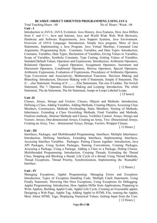 Page 29 of 38
BCA504T: OBJECT ORIENTED PROGRAMMING USING JAVA
Total Teaching Hours : 60 No of Hours / Week : 04
Unit - I
Introduction to JAVA: JAVA Evolution: Java History, Java Features, How Java Differs
from C and C++, Java and Internet, Java and World Wide Web, Web Browsers,
Hardware and Software Requirements, Java Support Systems, Java Environment.
Overview of JAVA Language: Introduction, Simple Java program, More of Java
Statements, Implementing a Java Program, Java Virtual Machine, Command Line
Arguments, Programming Style. Constants, Variables, and Data Types: Introduction,
Constants, Variables, Data Types, Declaration of Variables, Giving Values to Variables,
Scope of Variables, Symbolic Constants, Type Casting, Getting Values of Variables,
Standard Default Values, Operators and Expressions: Introduction, Arithmetic Operators,
Relational Operators Logical Operators, Assignment Operators, Increment and
Decrement Operators, Conditional Operators, Bitwise Operators, Special Operators,
Arithmetic Expressions, Evaluation of Expressions, Precedence of Arithmetic Operators,
Type Conversion and Associativity, Mathematical Functions. Decision Making and
Branching: Introduction, Decision Making with if Statement, Simple if Statement, The
if…..else Statement, Nesting of if………Else Statements, The else if Ladder, The Switch
Statement, The ?: Operator. Decision Making and Looping: Introduction. The while
Statement, The do Statement, The for Statement, Jumps in Loops Labeled Loops.
[ 12 hours]
Unit -II
Classes, Arrays, Strings and Vectors: Classes, Objects and Methods: Introduction,
Defining a Class, Adding Variables, Adding Methods, Creating Objects, Accessing Class
Members, Constructors, Methods Overloading, Static Members, Nesting of Methods,
Inheritance: Extending a Class Overriding Methods, Final Variables and Methods,
Finalizer methods, Abstract Methods and Classes, Visibility Control. Arrays, Strings and
Vectors: Arrays, One-dimensional Arrays, Creating an Array, Two -Dimensional Arrays,
Creating an Array, Two – dimensional Arrays, Strings, Vectors, Wrapper Classes.
[ 12 Hours ]
Unit - III
Interfaces, Packages, and Multithreaded Programming: Interfaces: Multiple Inheritance:
Introduction, Defining Interfaces, Extending Interfaces, Implementing Interfaces,
Accessing Interface Variables. Packages: Putting Classes together: Introduction, Java
API Packages, Using System Packages, Naming Conventions, Creating Packages,
Accessing a Package, Using a Package, Adding a Class to a Package, Hiding Classes.
Multithreaded Programming: Introduction, Creating Threads, Extending the Thread
Class, Stopping and Blocking a thread, Life Cycle of a thread, Using Thread Methods,
Thread Exceptions, Thread Priority, Synchronization, Implementing the ‘Runnable’
Interface.
[ 12 Hours ]
Unit - IV
Managing Exceptions, Applet Programming: Managing Errors and Exception:
Introduction, Types of Exception Handling Code, Multiple Catch Statements, Using
Finally Statement, Throwing Our Own Exceptions, Using Exceptions for Debugging.
Applet Programming: Introduction, How Applets Differ from Applications, Preparing to
Write Applets, Building Applet Code, Applet Life Cycle, Creating an Executable applet,
Designing a Web Page, Applet Tag, Adding Applet to HTML File, running the Applet,
More About HTML Tags, Displaying Numerical Values, Getting Input from the User.
[ 12 Hours ]
 