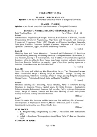 Page 7 of 38
FIRST SEMESTER BCA
BCA101T : INDIAN LANGUAGE
Syllabus as per the one prescribed for science courses of Bangalore University.
BCA102T : ENGLISH
Syllabus as per the one prescribed for science courses of Bangalore University.
BCA103T : PROBLEM SOLVING TECHNIQUES USING C
Total Teaching Hours : 60 No of Hours / Week : 04
Unit - I
Introduction to Programming Concepts: Software, Classification of Software, Modular
Programming, Structured Programming, Algorithms and Flowcharts with examples.
Overview of C Language: History of C, Character set, C tokens, Identifiers, Keywords,
Data types, Variables, Constants, Symbolic Constants , Operators in C, Hierarchy of
Operators, Expressions, Type Conversions and Library Functions.
[12 Hours ]
Unit - II
Managing Input and Output Operation: Formatted and Unformatted I/O Functions,
Decision making, branching and looping: Decision Making Statements - if Statement, if–
else statement, nesting of if-else statements, else–if ladder, switch statement,?: operator,
Looping - while, do-while, for loop, Nested loop, break, continue, and goto statements.
Functions: Function Definition, prototyping, types of functions, passing arguments to
functions, Nested Functions, Recursive functions.
[12 Hours ]
Unit - III
Arrays: Declaring and Initializing, One Dimensional Arrays, Two Dimensional Arrays,
Multi Dimensional Arrays - Passing arrays to functions. Strings: Declaring and
Initializing strings, Operations on strings, Arrays of strings, passing strings to functions.
Storage Classes - Automatic, External, Static and Register Variables.
[12 Hours ]
Unit-IV
Structures-Declaring and Initializing, Nested structure, Array of Structure, Passing
Structures to functions, Unions, typedef, enum, Bit fields. Pointers – Declarations,
Pointer arithmetic, Pointers and functions, Call by value, Call by reference, Pointers and
Arrays, Arrays of Pointers, Pointers and Structures. Meaning of static and dynamic
memory allocation, Memory allocation functions.
[ 12 Hours ]
Unit-V
Files - File modes, File functions, and File operations, Text and Binary files, Command
Line arguments. C Preprocessor directives, Macros – Definition, types of Macros,
Creating and implementing user defined header files.
[ 12 Hours ]
TEXT BOOKS
1. E. Balaguruswamy, “Programming In ANSI C”, 4th edition, TMH Publications,
2007
2. Ashok N. Kamthane, “Programming with ANSI and Turbo C”, Pearson Education,
2006
REFERENCES BOOKS
 