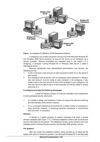 Network Fundamentals / 124
Figure An example of a Windows XP Professional workgroup
A workgroup can contain computers running one of the Microsoft Windows NT
and Windows 2000 Server products as long as the server is not configured as a
domain controller. (Domain controllers are explained later in this lesson.) In a
workgroup, a computer running Windows NT or Windows 2000 Server is called a
stand-alone server.
Because workgroups have decentralized administration and security, the
following are true:
1. A user must have a user account on each computer to which he or she wants to
gain access.
2. Any changes to user accounts, such as changing a user's password or adding a
new user account, must be made on each computer in the workgroup. If you
forget to add a new user account to one of the computers in your workgroup, the
new user will not be able to log on to that computer and will be unable to access
resources on it.
A workgroup provides the following advantages:
It does not require inclusion of a domain controller in the configuration
to hold centralized security information.
1. It is simple to design and implement. It does not require the extensive planning
and administration that a domain requires.
2. It is a convenient networking environment for a limited number of computers in
close proximity. However, a workgroup becomes impractical in environments
with more than 10 computers.
Domains
A domain is a logical grouping of network computers that share a central
directory database (see Figure 1.11). A directory database contains user accounts and
security information for the domain. This database is known as the directory and is the
database portion of Active Directory service, the Windows 2000 directory service.
File Systems
After you create the installation partition, Setup prompts you to select the file
system with which to format the partition. Like Microsoft Windows NT 4 and Microsoft
 
