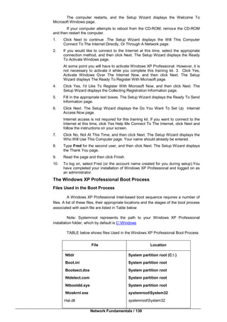 Network Fundamentals / 130
The computer restarts, and the Setup Wizard displays the Welcome To
Microsoft Windows page.
If your computer attempts to reboot from the CD-ROM, remove the CD-ROM
and then restart the computer.
1. Click Next to continue .The Setup Wizard displays the Will This Computer
Connect To The Internet Directly, Or Through A Network page.
2. If you would like to connect to the Internet at this time, select the appropriate
connection method, and then click Next. The Setup Wizard displays the Ready
To Activate Windows page.
At some point you will have to activate Windows XP Professional. However, it is
not necessary to activate it while you complete this training kit. 3. Click Yes,
Activate Windows Over The Internet Now, and then click Next. The Setup
Wizard displays The Ready To Register With Microsoft page.
4. Click Yes, I'd Like To Register With Microsoft Now, and then click Next. The
Setup Wizard displays the Collecting Registration Information page.
5. Fill in the appropriate text boxes. The Setup Wizard displays the Ready To Send
Information page.
6. Click Next. The Setup Wizard displays the Do You Want To Set Up Internet
Access Now page.
Internet access is not required for this training kit. If you want to connect to the
Internet at this time, click Yes Help Me Connect To The Internet, click Next and
follow the instructions on your screen.
7. Click No, Not At This Time, and then click Next. The Setup Wizard displays the
Who Will Use This Computer page. Your name should already be entered.
8. Type Fred for the second user, and then click Next. The Setup Wizard displays
the Thank You page.
9. Read the page and then click Finish.
10. To log on, select Fred (or the account name created for you during setup).You
have completed your installation of Windows XP Professional and logged on as
an administrator.
The Windows XP Professional Boot Process
Files Used in the Boot Process
A Windows XP Professional Intel-based boot sequence requires a number of
files. A list of these files, their appropriate locations and the stages of the boot process
associated with each file are listed in Table below
Note: Systemroot represents the path to your Windows XP Professional
installation folder, which by default is C:Windows
TABLE below shows files Used in the Windows XP Professional Boot Process
File Location
Ntldr
Boot.ini
Bootsect.dos
Ntdetect.com
Ntbootdd.sys
Ntoskrnl.exe
Hal.dll
System partition root (C: )
System partition root
System partition root
System partition root
System partition root
systemrootSystem32
systemrootSystem32
 