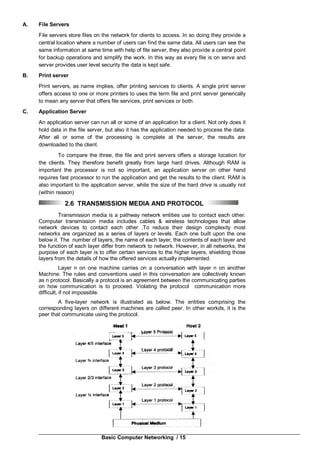 Basic Computer Networking / 15
A. File Servers
File servers store files on the network for clients to access. In so doing they provide a
central location where a number of users can find the same data. All users can see the
same information at same time with help of file server, they also provide a central point
for backup operations and simplify the work. In this way as every file is on serve and
server provides user level security the data is kept safe.
B. Print server
Print servers, as name implies, offer printing services to clients. A single print server
offers access to one or more printers to uses the term file and print server generically
to mean any server that offers file services, print services or both.
C. Application Server
An application server can run all or some of an application for a client. Not only does it
hold data in the file server, but also it has the application needed to process the data.
After all or some of the processing is complete at the server, the results are
downloaded to the client.
To compare the three, the file and print servers offers a storage location for
the clients. They therefore benefit greatly from large hard drives. Although RAM is
important the processor is not so important, an application server on other hand
requires fast processor to run the application and get the results to the client. RAM is
also important to the application server, while the size of the hard drive is usually not
(within reason)
2.6 TRANSMISSION MEDIA AND PROTOCOL
Transmission media is a pathway network entities use to contact each other.
Computer transmission media includes cables & wireless technologies that allow
network devices to contact each other .To reduce their design complexity most
networks are organized as a series of layers or levels. Each one built upon the one
below it. The number of layers, the name of each layer, the contents of each layer and
the function of each layer differ from network to network. However, in all networks, the
purpose of each layer is to offer certain services to the higher layers, shielding those
layers from the details of how the offered services actually implemented.
Layer n on one machine carries on a conversation with layer n on another
Machine. The rules and conventions used in this conversation are collectively known
as n protocol. Basically a protocol is an agreement between the communicating parties
on how communication is to proceed. Violating the protocol communication more
difficult, if not impossible.
A five-layer network is illustrated as below. The entities comprising the
corresponding layers on different machines are called peer. In other workds, it is the
peer that communicate using the protocol.
 