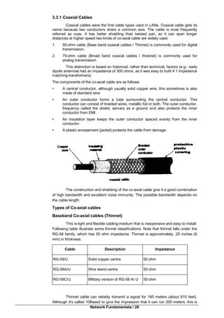 Network Fundamentals / 26
3.3.1 Coaxial Cables
Coaxial cables were the first cable types used in LANs. Coaxial cable gets its
name because two conductors share a common axis. The cable is most frequently
referred as coax. It has better shielding than twisted pair, so it can span longer
distances at higher speed two kinds of co-axial cable are widely used.
1. 50-ohm cable (Base band coaxial cables / Thinnet) is commonly used for digital
transmission.
2. 75-ohm cable (Broad band coaxial cables / thicknet) is commonly used for
analog transmission.
This distinction is based on historical, rather than technical, factors (e.g.- early
dipole antennas had an impedance of 300 ohms, as it was easy to built 4:1 impedance
matching transformers)
The components of the co-axial cable are as follows:
• A central conductor, although usually solid copper wire, this sometimes is also
made of standard wire.
• An outer conductor forms a tube surrounding the central conductor. This
conductor can consist of braided wires, metallic foil or both. The outer conductor,
frequency called the shield, servers as a ground and also protects the inner
conductor from EMI.
• An insulation layer keeps the outer conductor spaced evenly from the inner
conductor.
• A plastic encasement (jacket) protects the cable from damage.
The construction and shielding of the co-axial cable give it a good combination
of high bandwidth and excellent noise immunity. The possible bandwidth depends on
the cable length.
Types of Co-axial cables
Baseband Co-axial cables (Thinnet)
This is light and flexible cabling-medium that is inexpensive and easy to install.
Following table illustrate some thinnet classifications. Note that thinnet falls under the
RG-58 family, which has 50 ohm impedance. Thinnet is approximately .25 inches (6
mm) in thickness.
Cable Description Impedance
RG-59/U Solid copper centre 50 ohm
RG-58A/U Wire stand centre 50 ohm
RG-58C/U Military version of RG-58 A/ U 50 ohm
Thinnet cable can reliably transmit a signal for 185 meters (about 610 feet).
Although it's called 10Base2 to give the impression that it can run 200 meters, this is
 