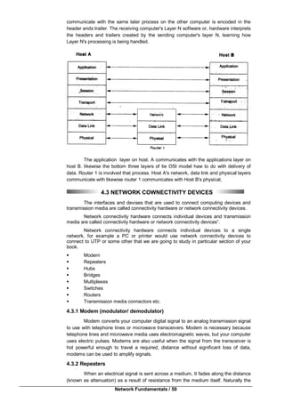 Network Fundamentals / 50
communicate with the same later process on the other computer is encoded in the
header ands trailer. The receiving computer's Layer N software or, hardware interprets
the headers and trailers created by the sending computer's layer N, learning how
Layer N's processing is being handled.
The application layer on host. A communicates with the applications layer on
host B. likewise the bottom three layers of tie OSI model haw to do with delivery of
data. Router 1 is involved that process. Host A's network, data link and physical layers
communicate with likewise router 1 communicates with Host B's physical,
4.3 NETWORK COWNECTIVITY DEVICES
The interfaces and devises that are used to connect computing devices and
transmission media are called connectivity hardware or network connectivity devices.
Network connectivity hardware connects individual devices and transmission
media are called connectivity hardware or network connectivity devices”.
Network connectivity hardware connects individual devices to a single
network, for example a PC or printer would use network connectivity devices to
connect to UTP or some other that we are going to study in particular section of your
book.
 Modern
 Repeaters
 Hubs
 Bridges
 Multiplexes
 Switches
 Routers
 Transmission media connectors etc.
4.3.1 Modem (modulator/ demodulator)
Modem converts your computer digital signal to an analog transmission signal
to use with telephone tines or microwave transceivers. Modem is necessary because
telephone lines and microwave media uses electromagnetic waves, but your computer
uses electric pulses. Modems are also useful when the signal from the transceiver is
hot powerful enough to travel a required, distance without significant loss of data,
modems can be used to amplify signals.
4.3.2 Repeaters
When an electrical signal is sent across a medium, It fades along the distance
(known as attenuation) as a result of resistance from the medium itself. Naturally the
 