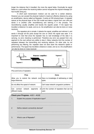 Network Connectivity Devices / 51
longer the distance that it travelled, the more the signal fades. Eventually tie signal
fades to a, point where the receiving station cannot recognise the original message (Or
has trouble doing so).
In short each transmission medium can be used for a certain distance.
However you can exceed the physical medium's maximum effective distance by using
an amplification, device called as Repeater. It works at OSI physical layer. A repeater
operas at the physical layer of the OSI model and takes a signal from one LAN and
sends it to another LAN- reconditioning and retiming it in the process. The
reconditioning usually amplifies and boosts the signal's power. If the signal has
travelled a distance it is weak, and so on, the amplification can also be done on noise
receivers.
The repeaters job is simple: it detects the signal, amplifies and retimes it, and
sends it through all the ports except the one on which the signal was seen. It is
important to note that since the repeater has no real knowledge of the data it is
carrying, no error checking is performed. Therefore any error are passed from one
segment to the next without any ability to stop it. Many networks limit the number of
repeaters between the transmitting and receiving stations. On other side, by not
performing any filtering, the -repeater does not slow down the network's speed or
performance. The signal has travelled a distance is weak, and so on, the amplification
can also be done on noise received.
Pros and Cons of repeaters
Pros
Allow you to extend the network over
large distances.
Cons
Have no knowledge of addressing or data
types.
Do not affect the speed of network Can't ease network congestion problems
Can connect network segments of
different media.
Limit the number of repeaters that can be
used.
Check your Progress - 4.3.1 – 4.3.2
1. Explain the purpose of Application layer?
…………………………………………………………………………………………
…………………………………………………………………………………………
2 Define network connectivity devices?
…………………………………………………..……………..………………………
…………………………………………………………………………………………
3. What is use of Repeater?
………………………………………………………..………………………………
…………………………………………………….…………………………………
 