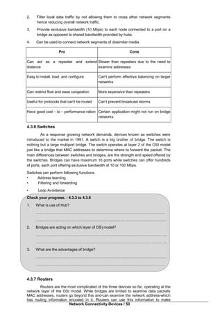 Network Connectivity Devices / 53
2. Filter local data traffic by not allowing them to cross other network segments
hence reducing overall network traffic.
3. Provide exclusive bandwidth (10 Mbps) to each node connected to a port on a
bridge as opposed to shared bandwidth provided by hubs.
4. Can be used to connect network segments of dissimilar media.
Pro Cons
Can act as a repeater and extend
distance
Slower than repeaters due to the need to
examine addresses
Easy to install, load, and configure Can't perform effective balancing on larger
networks
Can restrict flow and ease congestion More expensive than repeaters
Useful for protocols that can't be routed Can’t prevent broadcast storms
Have good cost – to – performance ration Certain application might not run on bridge
networks.
4.3.6 Switches
As a response growing network demands, devices known as switches were
introduced to the market in 1991. A switch is a big brother of bridge. The switch is
nothing but a large multiport bridge. The switch operates at layer 2 of the OSI model
just like a bridge that MAC addresses to determine where to forward the packet. The
main differences between switches and bridges, are the strength and speed offered by
the switches. Bridges can have maximum 16 ports while switches can offer hundreds
of ports, each port offering exclusive bandwidth of 10 or 100 Mbps.
Switches can perform following functions.
• Address learning.
• Filtering and forwarding
• Loop Avoidance
Check your progress. - 4.3.3 to 4.3.6
1. What is use of Hub?
…………………………………………………………………………………..………
……………………………………………………………………………………………
2. Bridges are acting on which layer of OS) model?
……………………………………………………………….……………………………
…………………………………………………………….………………………………
3. What are the advantages of bridge?
……………………………………………………………………………………………
………………………………………………………..…………………………………
4.3.7 Routers
Routers are the most complicated of the three devices so far, operating at the
network layer of the OSI model. While bridges are limited to examine data packets
MAC addresses, routers go beyond this and-can examine the network address-which
has routing information encoded in it. Routers can use this information to make
 