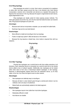 OSI Model - Physical Layer / 63
5.4.2 Ring topology
Ring topologies are wired in a circle. Each node is connected to its neighbors
or either side, and date, passes around the ring in one direction only. Each device
incorporates a receiver and a transmitter and servers as a repeater that passes the
Signal to the next device in the ring. Because the signal is regenerated at each device,
signal degeneration is low.
Ring topologies are ideally suited for token passing access methods. The
token gets passed around the ring, and only the node that holds the token can transmit
data. Ring physical topologies are quite rare.
Advantages
• Because each device incorporates a repeater, you can easily find cable faults.
• Dual loop rings can be very fault tolerant.
Disadvantages
• More difficult to install and reconfigure than bus topology
• Faults in single loop system^ affect all devices on the network
• Because the ring requires a closed loop, more media is required than with bus
networks.
Ring topology
5.4.3 Star Topology
Physical star topologies use a central device with drop cables extending in all
directions. Each networked device is connected via a point-to point link to the central
device called a hub or multiport repeater. Additionally, star, topologies can be nested
within other stars to form tree or hierarchical network topologies. In star topology,
electrical or electromagnetic signals travel from the networked device, up its drop
cable, to the hub, from there the signal is sent to other network.
Advantages
• Star topologies are relatively easy to reconfigure.
• Because all data in a star network goes through a central point where it can be
collected, stars are easy to troubleshoot.
• Media faults are automatically isolated to the failed segment.
Disadvantages
• Star topologies require more cable than most other topologies
• Moderately difficult to install
• Hub failures can disable
 