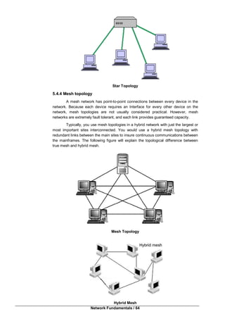 Network Fundamentals / 64
Star Topology
5.4.4 Mesh topology
A mesh network has point-to-point connections between every device in the
network. Because each device requires an Interface for every other device on the
network, mesh topologies are not usually considered practical. However, mesh
networks are extremely fault tolerant, and each link provides guaranteed capacity.
Typically, you use mesh topologies in a hybrid network with just the largest or
most important sites interconnected. You would use a hybrid mesh topology with
redundant links between the main sites to insure continuous communications between
the mainframes. The following figure will explain the topological difference between
true mesh and hybrid mesh.
Mesh Topology
Hybrid Mesh
 
