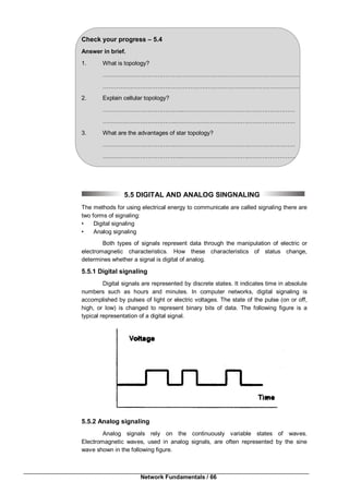 Network Fundamentals / 66
Check your progress – 5.4
Answer in brief.
1. What is topology?
………………………………………………….……………….……………………
…………………………….…………………………………….……………………
2. Explain cellular topology?
…………………………………..…………………………….……………………
………………………………..……………………………….……………………
3. What are the advantages of star topology?
………………………………..……………………………….……………………
…………………………………..…………………………….……………………
5.5 DIGITAL AND ANALOG SINGNALING
The methods for using electrical energy to communicate are called signaling there are
two forms of signaling:
• Digital signaling
• Analog signaling
Both types of signals represent data through the manipulation of electric or
electromagnetic characteristics. How these characteristics of status change,
determines whether a signal is digital of analog.
5.5.1 Digital signaling
Digital signals are represented by discrete states. It indicates time in absolute
numbers such as hours and minutes. In computer networks, digital signaling is
accomplished by pulses of light or electric voltages. The state of the pulse (on or off,
high, or low) is changed to represent binary bits of data. The following figure is a
typical representation of a digital signal.
5.5.2 Analog signaling
Analog signals rely on the continuously variable states of waves.
Electromagnetic waves, used in analog signals, are often represented by the sine
wave shown in the following figure.
 