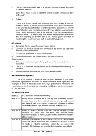 OSI-Data Link Layer / 75
• Device software parameters need to be adjusted each time a device is added to
or taken off the media.
• Some Token Rings require an additional central controller for fault detections
and recovery.
3) Polling
Polling is an access method that designates one device (called a controller,
primary or master) as a media access administrator. These device requires each
of the other devices (refereed as secondaries) in some predetermined order to
see whether they have information to transmit. To get data from secondaries, the
primary sends a request for data to the secondary, and then receive data the
secondary sends. The primary then polls another secondary and receives the
data that secondary can transmit after a poll. Polling systems are ideal for
networking time-sensitive devices, such as automation equipment.
Advantages
a. Centralises channel access for greater network control
b. Maximum and minimum access times and rates on the channel are predictable
and fixed (called deterministic).
c. Priorities can be assigned to assure faster access.
d. Allows complete use of the media's capacity eliminating collisions.
Disadvantages
a. Delays, while other devices are being polled; may be unacceptable for some
application.
b. Uses a lot of bandwidth sending notices and acknowledgements or listening for
messages.
c. Involves more overheads than the other media access methods.
IEEE standards of protocol
The IEEE (institute of Electrical and Electronic engineers) is the largest
professional organization in the world. The 802 subcommittee of that organization has
developed a series of standards govern lower layer protocols and interactions with
transmission media. Recognized and reissued by the ISO, they are also known as the
ISO 802 standards.
802.X standards series
IEEE802.1 802.1 standards defines internetworking
lEEE 802.2 Defines an LLC sub layer that is used by other lower-layer protocols.
Because these lower layer protocols can use a single LLC protocol
layer, Network layer protocols can be designed independently of both
the network's physical layer and MAC sub layer implementation.
IEEE 802.3 Defines a network derived from the Ethernet network originally
developed by Digital, Intel, and Xerox, this standard defines
characteristics related to the MAC sub layer of the data link layer and the
OSI physical layer.
IEEE 802.4 Describes a network with a bus physical topology that controls media
access with a token mechanism. This standards was designed to meet
the needs of industrial automation system but has gained little
popularity. Both baseband and broadband configurations are available.
 