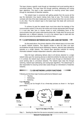Network Fundamentals / 82
This layer choose a specific route through an internetwork and avoid sending data to
uninvolved network. This layer does this through switching, addressing and routing
layer algorithms. This layer is also responsible for ensuring correct data routers
through an internetwork of dissimilar networks.
The network layer is concerned with getting packets from the source all the
way the destination may require making many hops at way. This function clearly
contrasts with that of the data modest goal of just moving frames from one end of wire
to yhe other. Thus the network layer is the lowest layer that deals with end-to-end
transmission.
To achieve its goal the network layer must know about the topology of the
communication subnet (i.e the set of all routers) and choose appropriate paths through
it. It must also take care to choose routes to avoid overloading some of the
communication lines and routers while leaving others idle. Finally when the source and
destination are in different networks, it is up to the network layer to deal with this
differences and solve the problems that results from them.
7.2 DIFFERENCE BETWEEN DATA LINK AND NETWORK
As discussed above, the primary objective of the network layer is to move data
to specific network locations. This appears similar to what the Data Link layer
accomplishes through physical device addressing. However, data link layer addressing
operates on a single network. The network layer describes methods for moving
information between multiple independent networks, called internetworks.
Data link layer addressing delivers data to all devices attached to a single
network relies upon the receiving devices to determine whether the data was meant for
it. In contrast, the network layer choose a specific route through an internetwork and
avoid sending data to uninvolved networks. The network layer does this through
switching, network layer addressing, and routing layer algorithms. The network layer is
also responsible for ensuring correct data routes through an internetwork of dissimilar
networks.
7.3 OSI NETWORK LAYER FUNCTIONS
Following are the three major functions performed at Network Layer
• Routing
• Addressing
• Switching
7.3.1 Routing
Routing can be thought of as a three-step process as shown in the figure
given below :
Step 1 - Sending the data from the source computer to some nearby router.
 