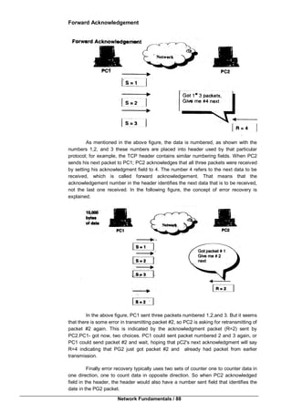 Network Fundamentals / 88
Forward Acknowledgement
As mentioned in the above figure, the data is numbered, as shown with the
numbers 1,2, and 3 these numbers are placed into header used by that particular
protocol; for example, the TCP header contains similar numbering fields. When PC2
sends his next packet to PC1; PC2 acknowledges that all three packets were received
by setting his acknowledgment field to 4. The number 4 refers to the next data to be
received, which is called forward acknowledgement. That means that the
acknowledgement number in the header identifies the next data that is to be received,
not the last one received. In the following figure, the concept of error recovery is
explained.
In the above figure, PC1 sent three packets numbered 1,2,and 3. But it seems
that there is some error in transmitting packet #2, so PC2 is asking for retransmitting of
packet #2 again. This is indicated by the acknowledgment packet (R=2) sent by
PC2.PC1- got now, two choices. PC1 could sent packet numbered 2 and 3 again, or
PC1 could send packet #2 and wait, hoping that pC2's next acknowledgment will say
R=4 indicating that PG2 just got packet #2 and already had packet from earlier
transmission.
Finally error recovery typically uses two sets of counter one to counter data in
one direction, one to count data in opposite direction. So when PC2 acknowledged
field in the header, the header would also have a number sent field that identifies the
date in the PG2 packet.
 