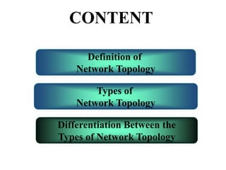 Definition of
Network Topology
Types of
Network Topology
Differentiation Between the
Types of Network Topology
CONTENT
 