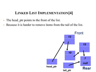 LINKED LIST IMPLEMENTATION[4]
10
15
7
null
head_ptr
13
 The head_ptr points to the front of the list.
 Because it is harder to remove items from the tail of the list.
tail_ptr
Front
Rear
 