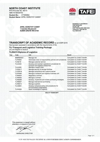 NORTH COAST INSTITUTE
RTO Provider No. 900'10
ABN 70158535753
Student No.: 377959582
Student Name: APRIL DOROTHY CANNY
APRIL DOROTHY CANNY
1 Camden Boulevard
AUBIN GROVE WA 6164
TRANSCRIPT OF ACADEMIC RECORD as at 8-sEP-2010
Having been assessed in accordance with the requirements of the
TLI Transport and Logistics Training Package
you are eligible to receive
TL150415 Diploma of Logistics
Year Code Unit l
&3;
NF}#
BUSINESS TO BUSINESS /
PARTNERSHIPS
PO Box 528
PORT MACQUAR'' 11511Y 244
Telephone: 1300 628 233
Fax: 6583 6478
BSBRSKsOl
TLt F0002
T1il50 1 8
TLtL5020
TLrL5055
TLtO5017
TLtO501B
TLIPSOOB
TLtR4003
TLt R5005
TLt R5006
TLt R5007
TLt R501 4
TLt U0001
TLrX4028
Manage risk
Administer chain of responsibility policies and procedures
Manage custom er service
Develop and maintain operational procedures for
transport and logistics enterprises
Manage a supply chain
Manage security of storage facilities
Manage compliance with customs excise
Manage a transport and logistics business unit
Negotiate a contract
Manage a contract
Develop, implement and review purchasing strategies
Manage international purchasing
Manage suppliers
Develop workplace policy and procedures for
environmental sustai nabi lity
Apply knowledge of logistics
Competent by Credit Transfer
Compeient by Credit Transfer
Competent by Credit Transfer
Competent by Credit Transfer
Competent by Credit Transfer
Competent by Credit Transfer
Competent by Credit Transfer
Competent by Credit Transfer
Competent by Credit Transfer
Competent by Credit Transfer
Competent by Credit Transfer
Competent by Credit Transfer
Competent by Credit Transfer
Competent by Credit Transfer
Competent by Credit Transfer
END OF TRANSCRIPT
This statement is issued without
alteration or erasure of any kind
MANAGING DIRECTOR
h*EW SOUTH WALES TECHNICALAND FURTHER EDUCATION COMMISSION
Page 1 of 1
TAFEN
 
