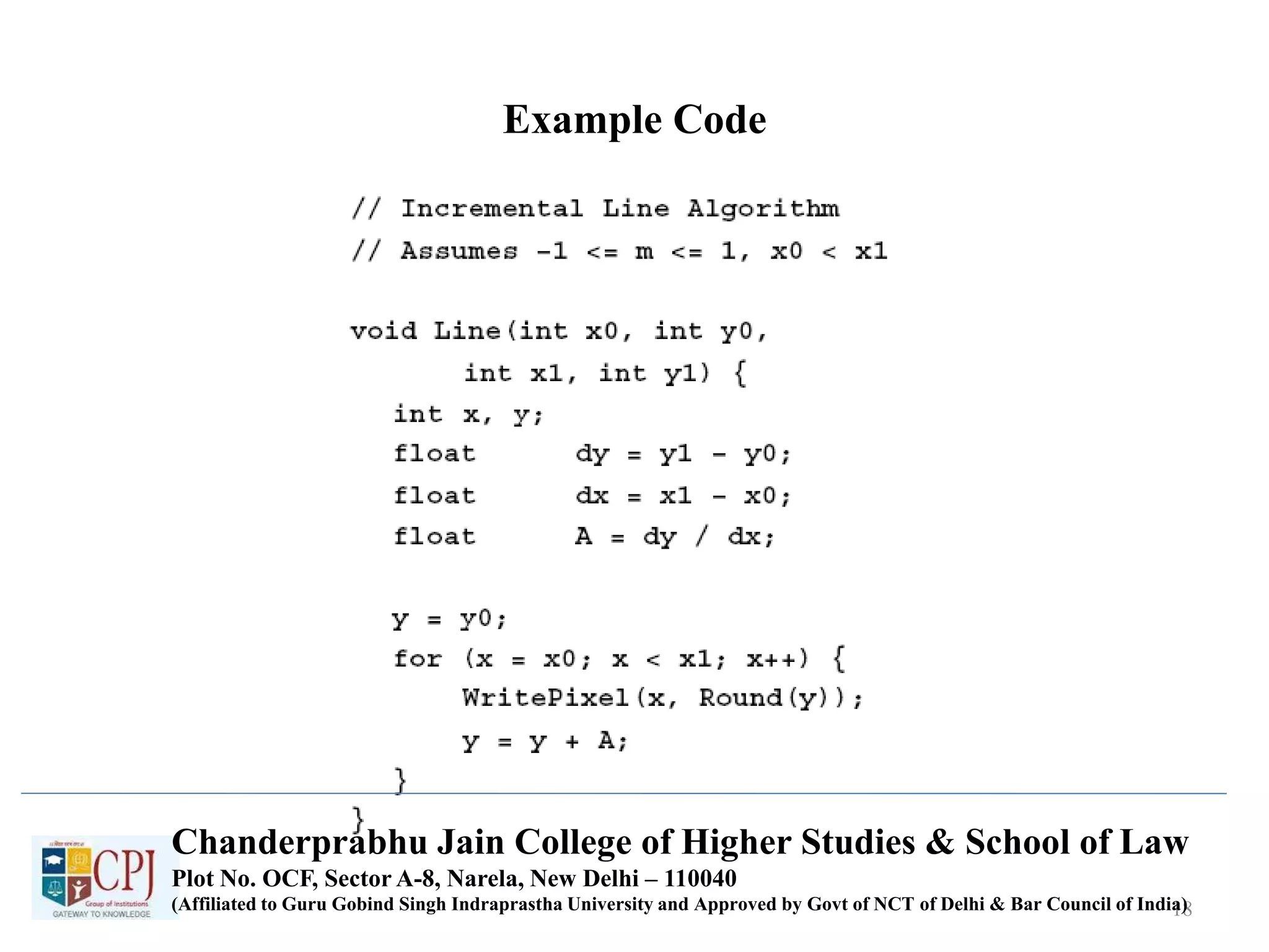 Example Code
18
Chanderprabhu Jain College of Higher Studies & School of Law
Plot No. OCF, Sector A-8, Narela, New Delhi – 110040
(Affiliated to Guru Gobind Singh Indraprastha University and Approved by Govt of NCT of Delhi & Bar Council of India)
 