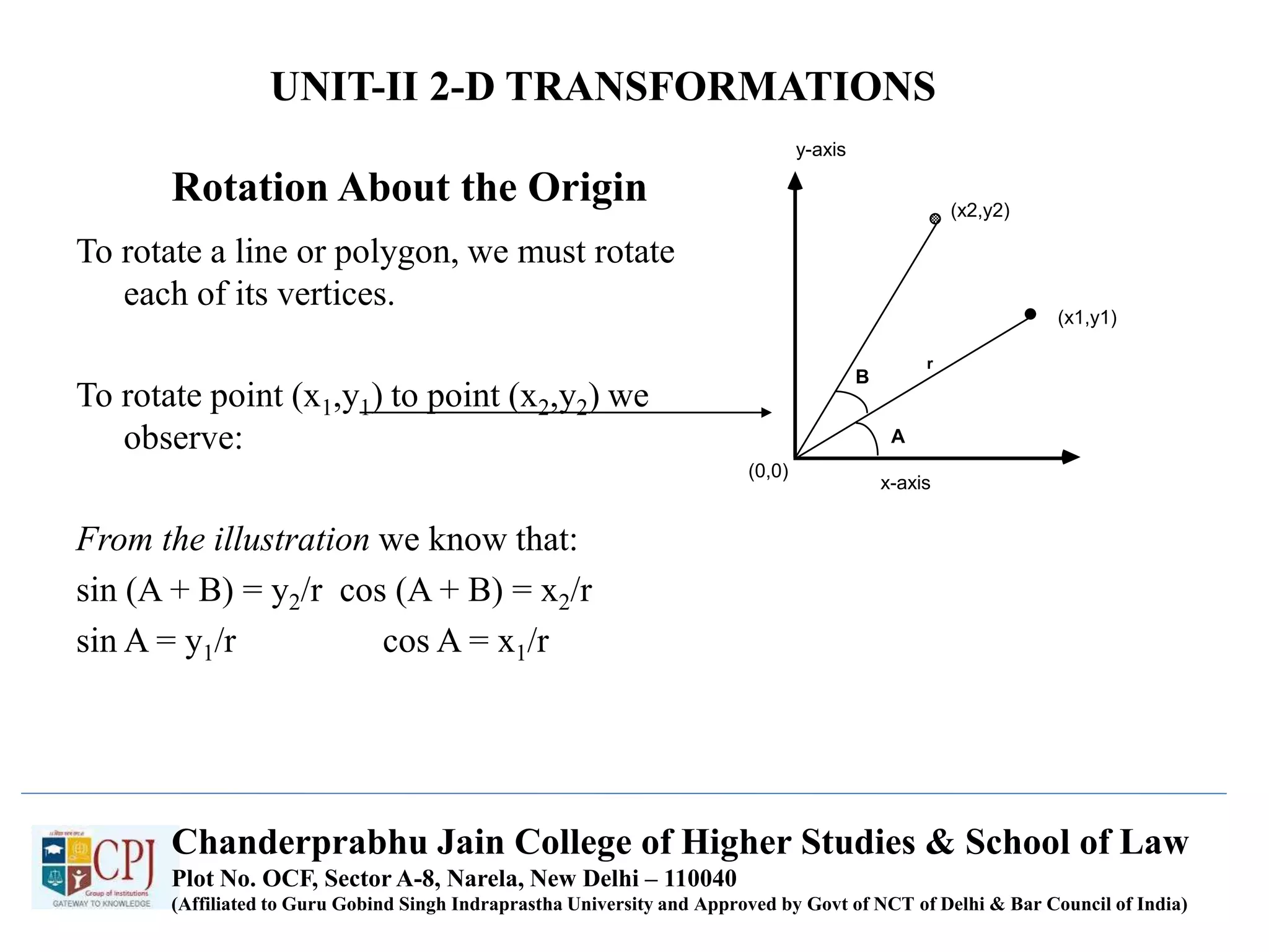 Rotation About the Origin
To rotate a line or polygon, we must rotate
each of its vertices.
To rotate point (x1,y1) to point (x2,y2) we
observe:
From the illustration we know that:
sin (A + B) = y2/r cos (A + B) = x2/r
sin A = y1/r cos A = x1/r
x-axis
(x1,y1)
(x2,y2)
A
B
r
(0,0)
y-axis
Chanderprabhu Jain College of Higher Studies & School of Law
Plot No. OCF, Sector A-8, Narela, New Delhi – 110040
(Affiliated to Guru Gobind Singh Indraprastha University and Approved by Govt of NCT of Delhi & Bar Council of India)
UNIT-II 2-D TRANSFORMATIONS
 
