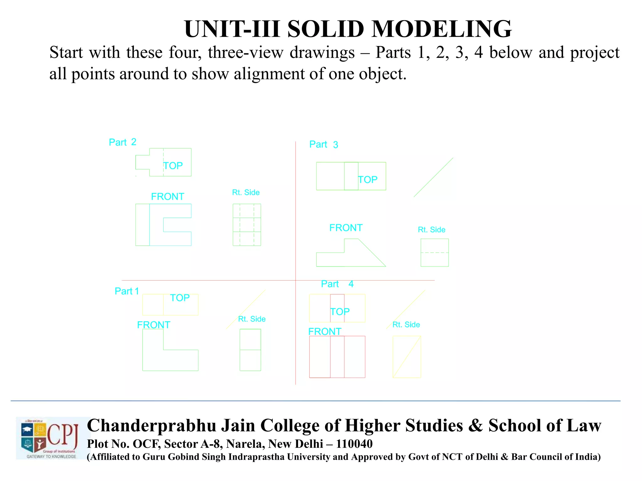 UNIT-III SOLID MODELING
Chanderprabhu Jain College of Higher Studies & School of Law
Plot No. OCF, Sector A-8, Narela, New Delhi – 110040
(Affiliated to Guru Gobind Singh Indraprastha University and Approved by Govt of NCT of Delhi & Bar Council of India)
Start with these four, three-view drawings – Parts 1, 2, 3, 4 below and project
all points around to show alignment of one object.
 