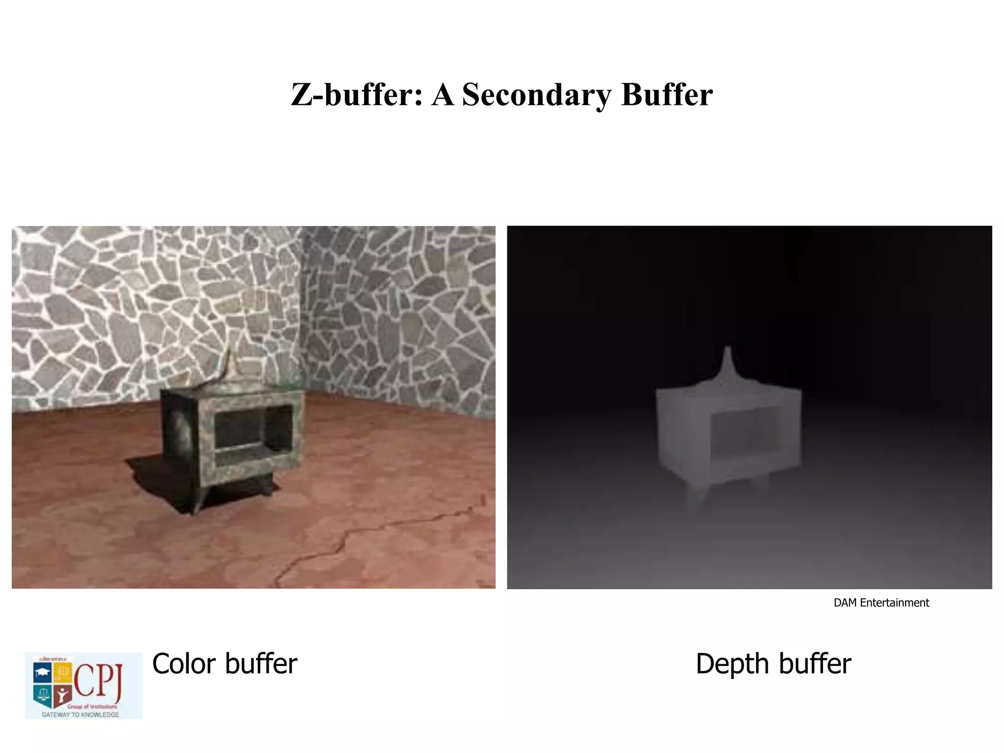 Z-buffer: A Secondary Buffer
DAM Entertainment
Color buffer Depth buffer
 