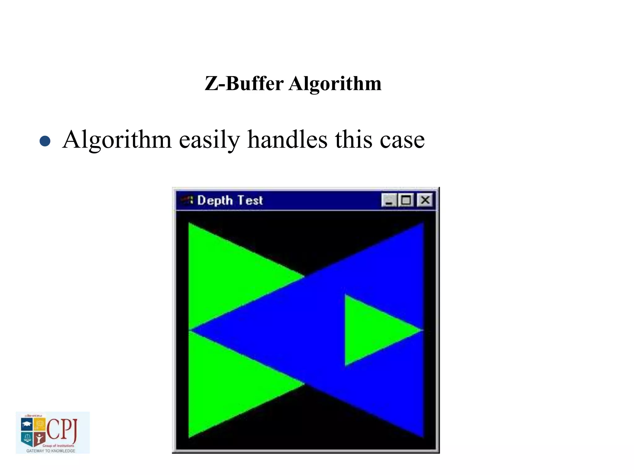 Z-Buffer Algorithm
 Algorithm easily handles this case
 